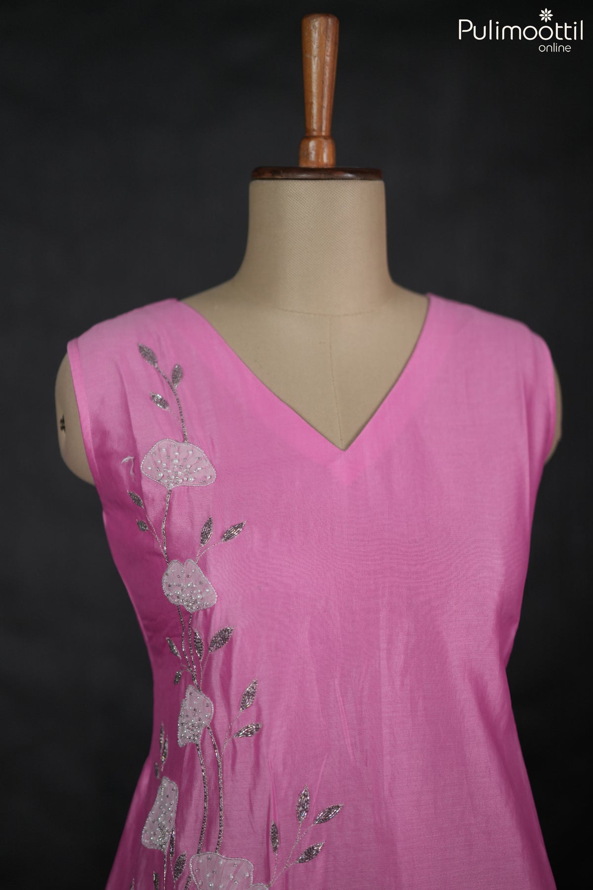 Baby pink Chanderi A-line kurti.