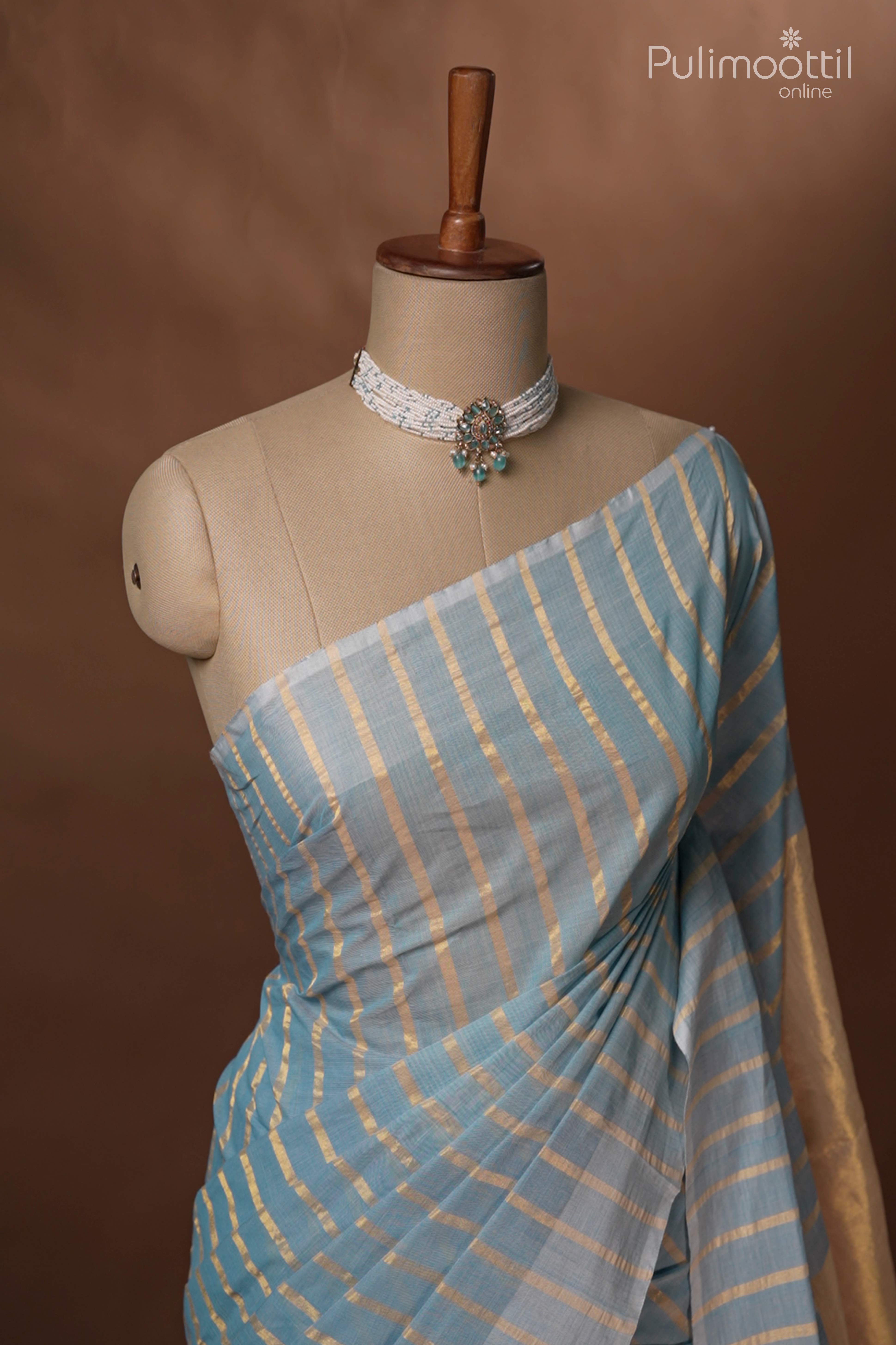 Sky Blue Colour Kerala Traditional Pure Handloom Onam Kerala Saree