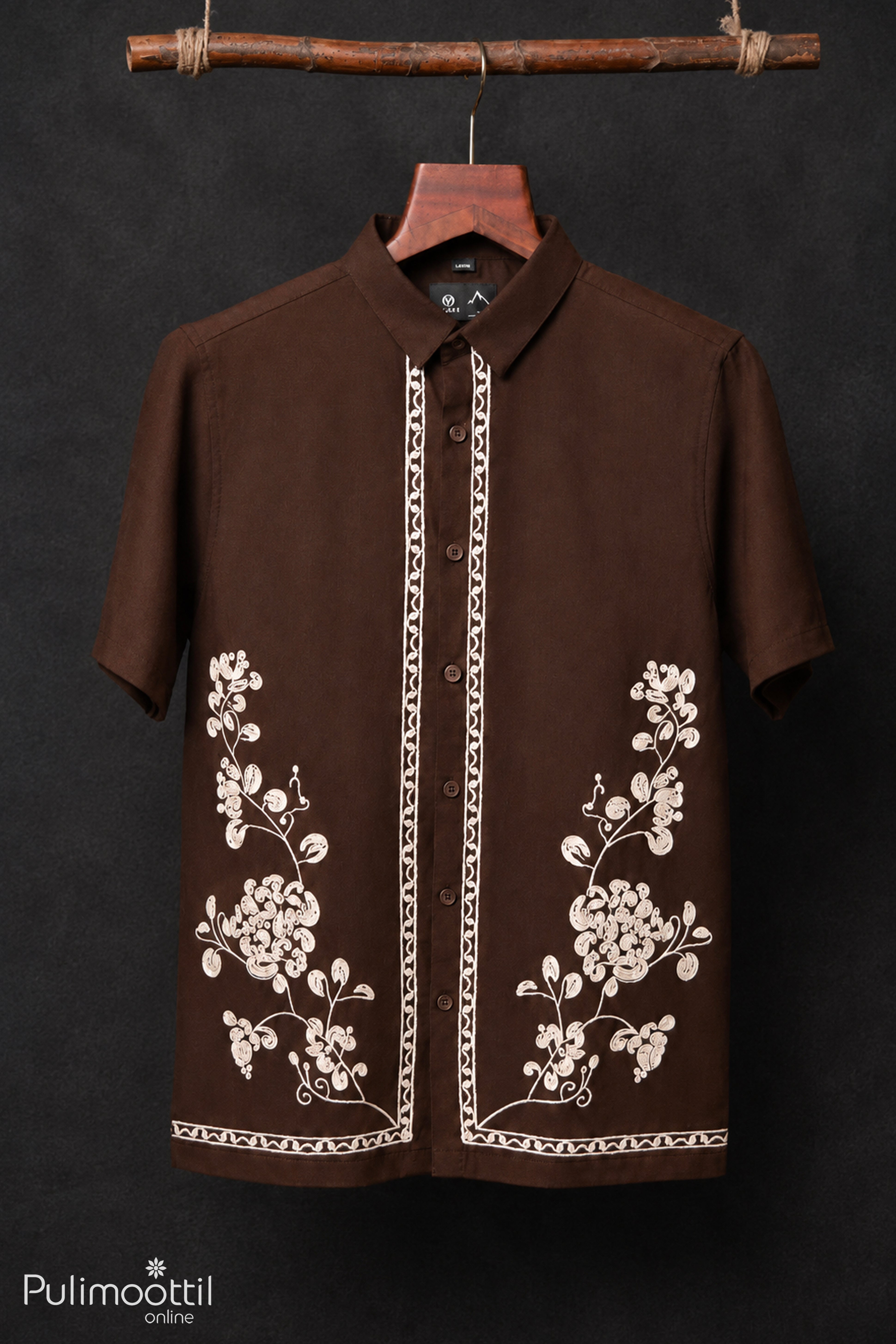 Brown Colour Cotton Shirt Featuring Kerala-inspired Floral Vine Embroidery