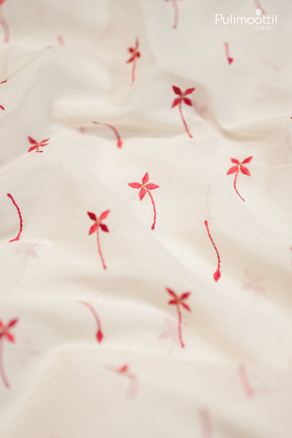 Off-White Color Cotton Fabric With Small Red Floral