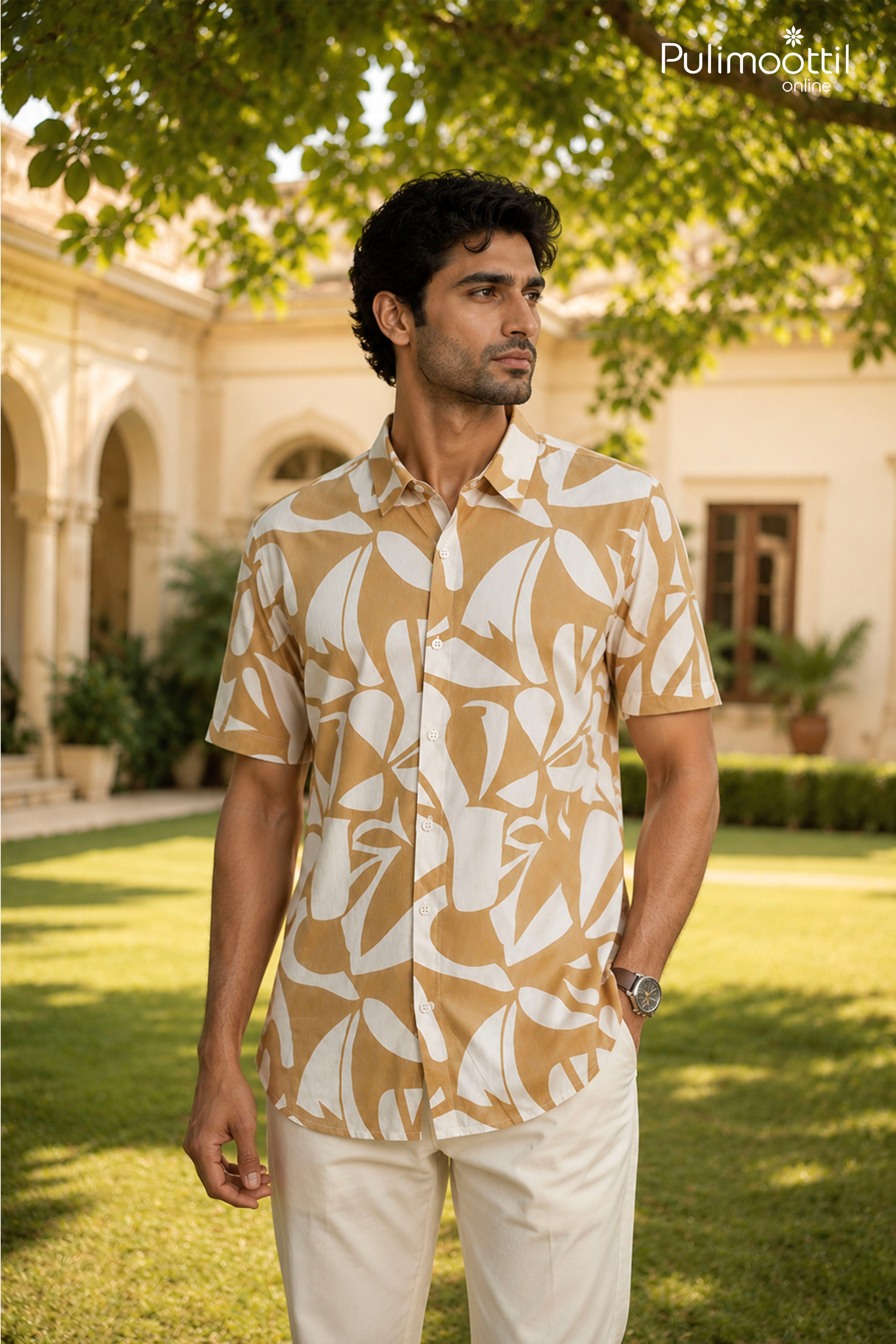 Honey Mustard Color Half Sleeve Mens Shirt With Abstract Floral Print