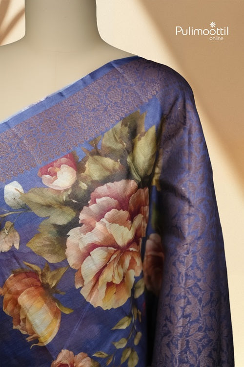 Lavender Floral Semi Silk Saree With A Full-Cover Floral And Leaf Vine Weave.