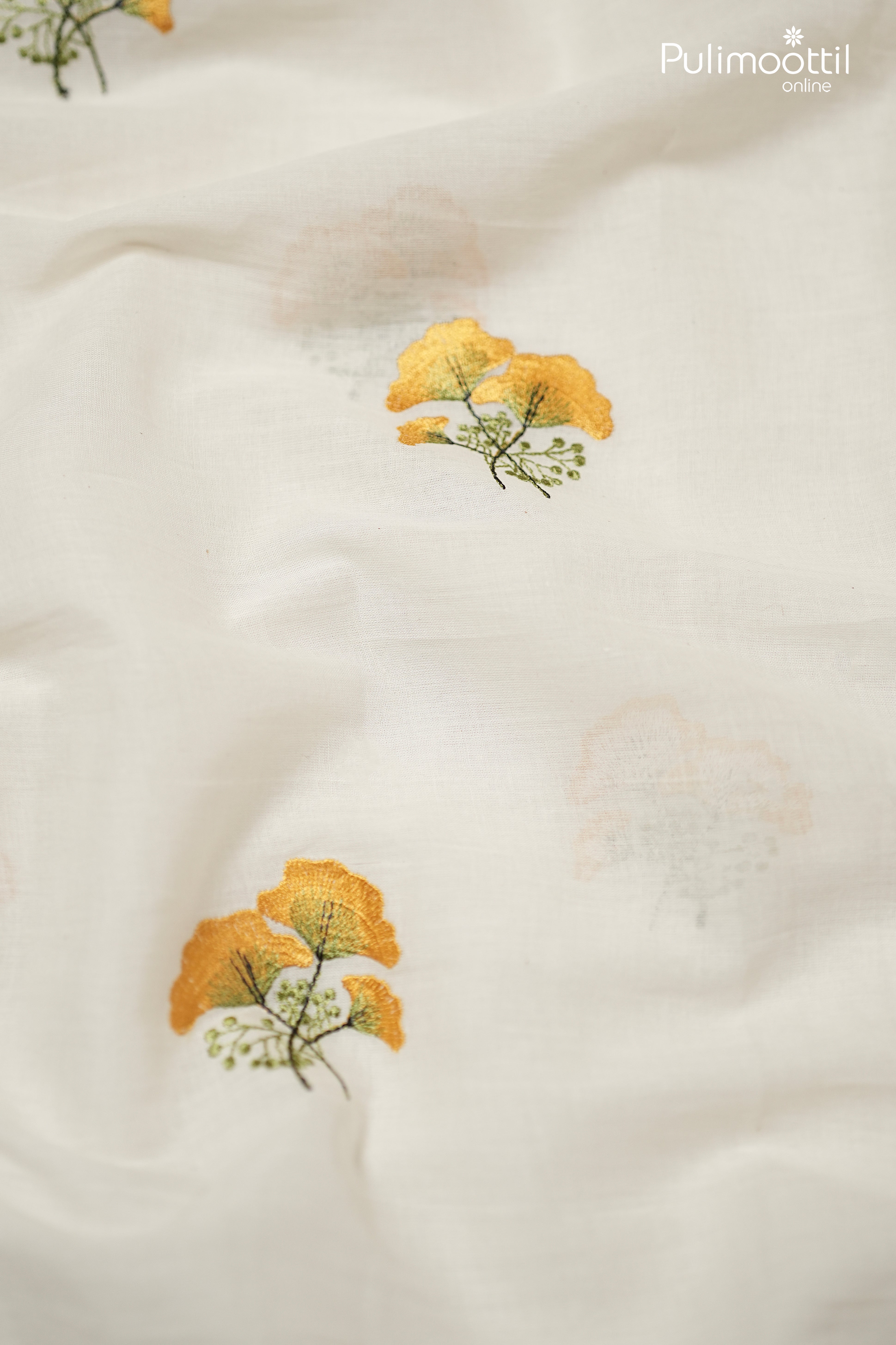 Off-White Color Semi Chanderi Fabric With Yellow Floral Embroidery