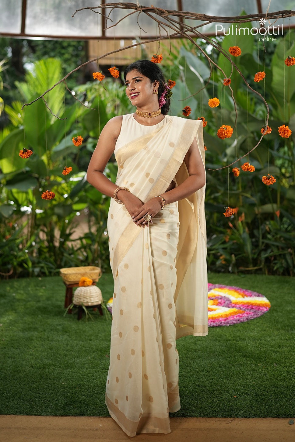 Off White Colour Semi Chanderi Traditional Saree