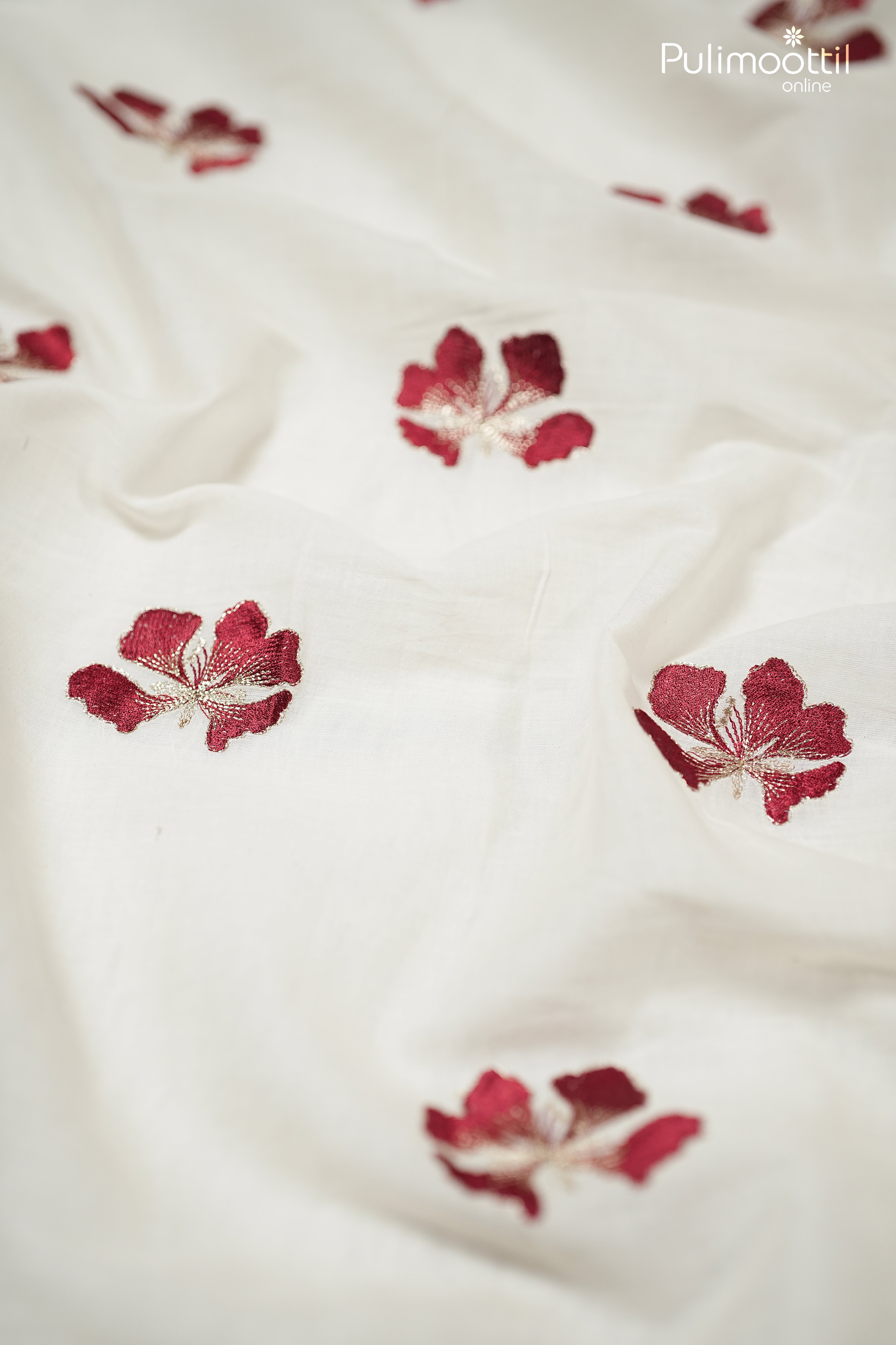 Off-White Color Cotton Fabric With Red Floral Embroidery