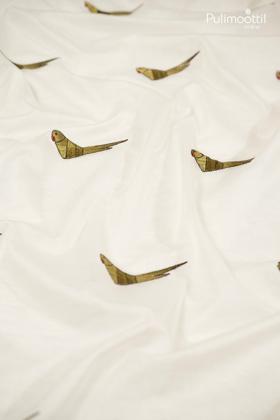Off-White Chanderi Fabric and Parrot Embroidery Design