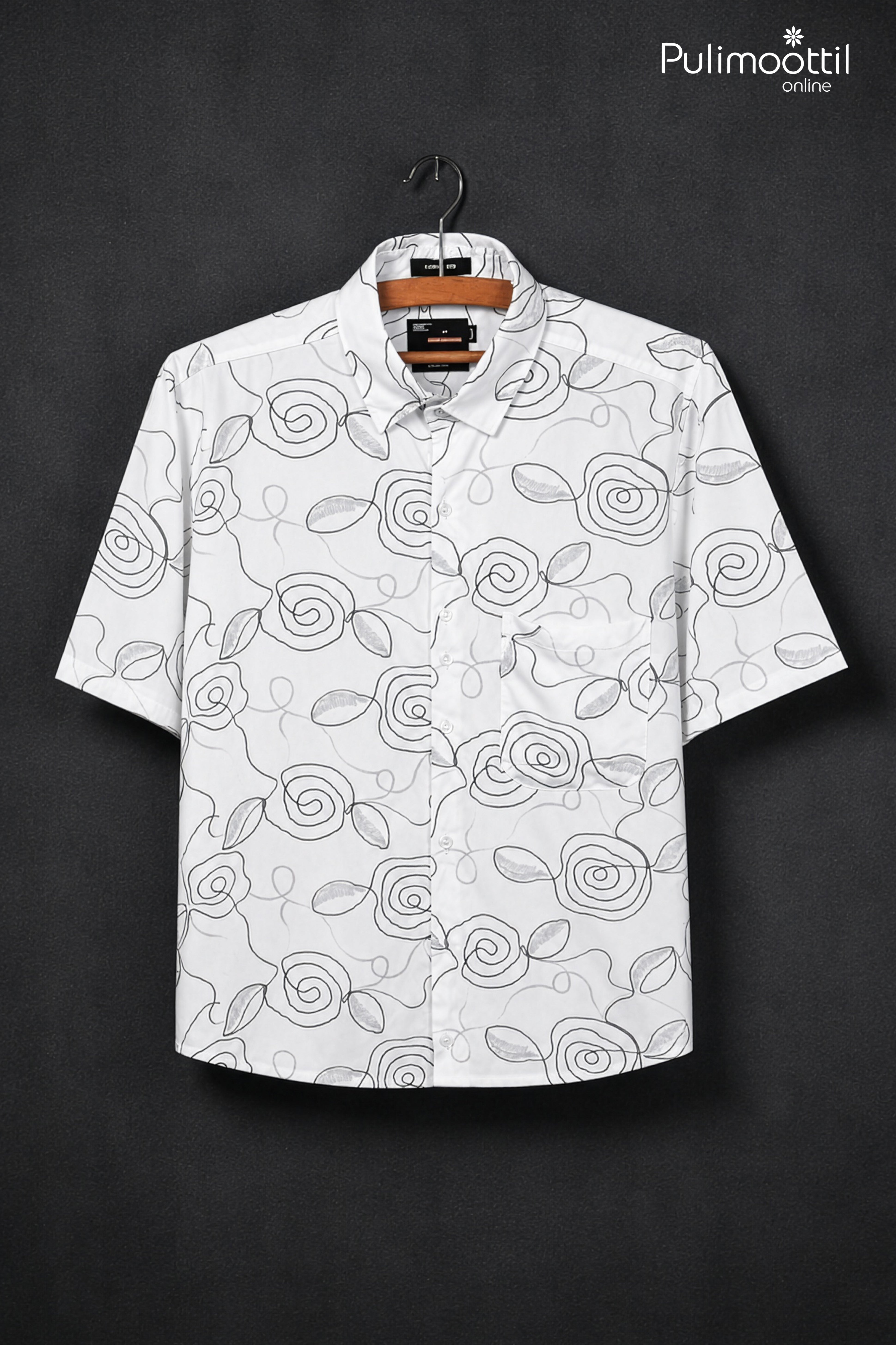 White Color Half Sleeve Mens Shirt With Abstract Line Art Print