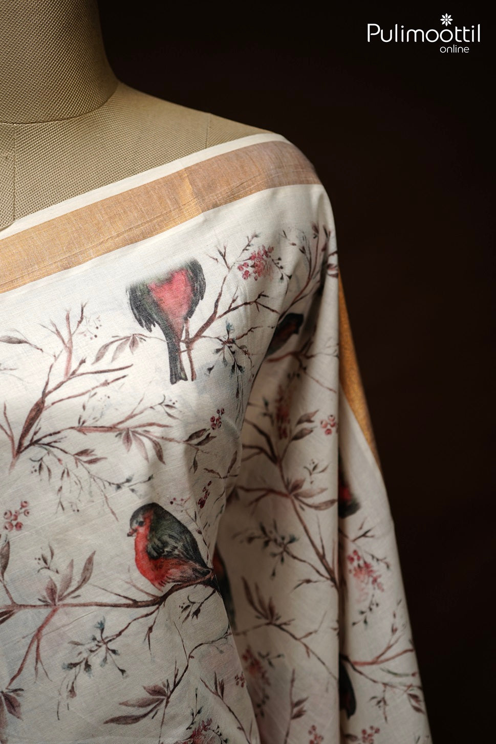 Cream Colour Kerala Birds Print Set Saree.