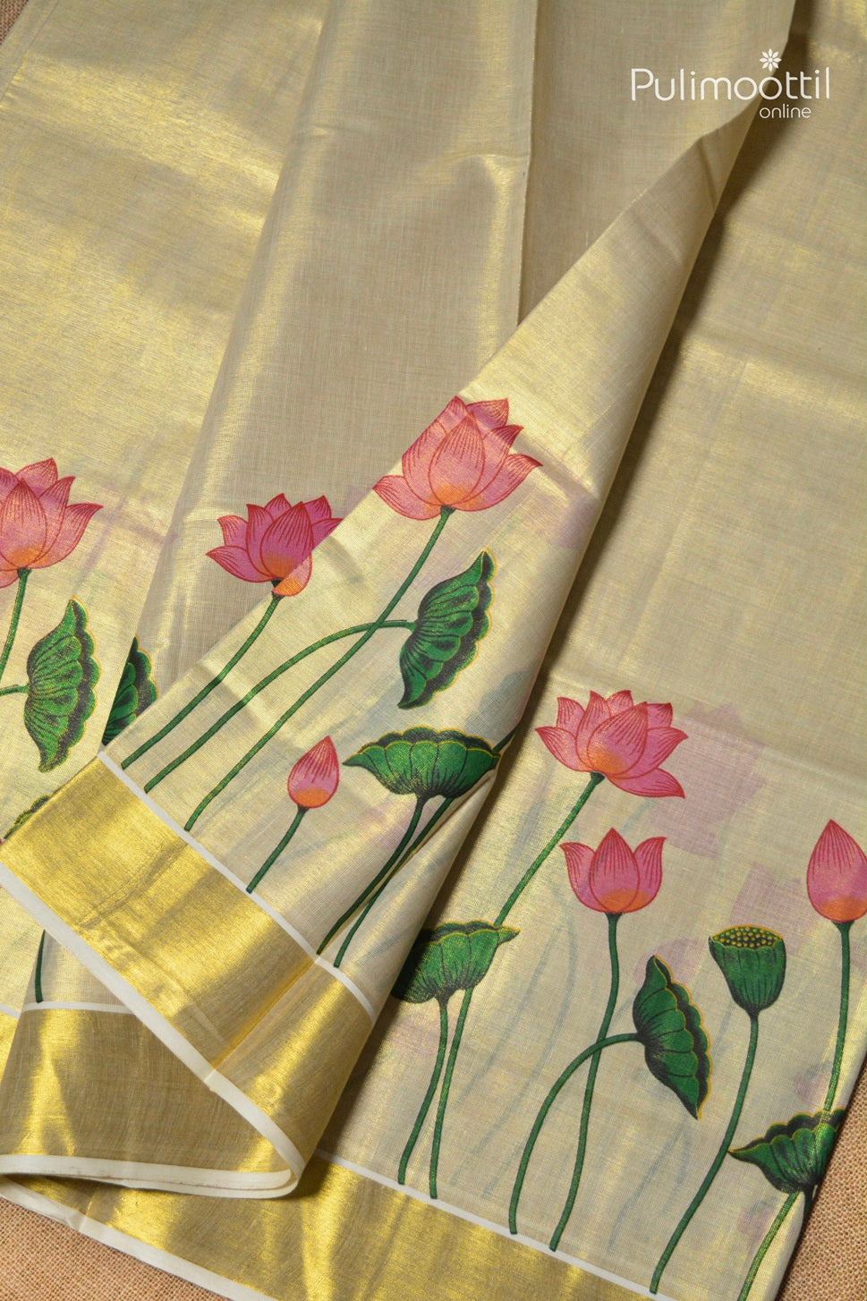 Kerala Traditional Golden Tissue Lotus Printed Set Saree