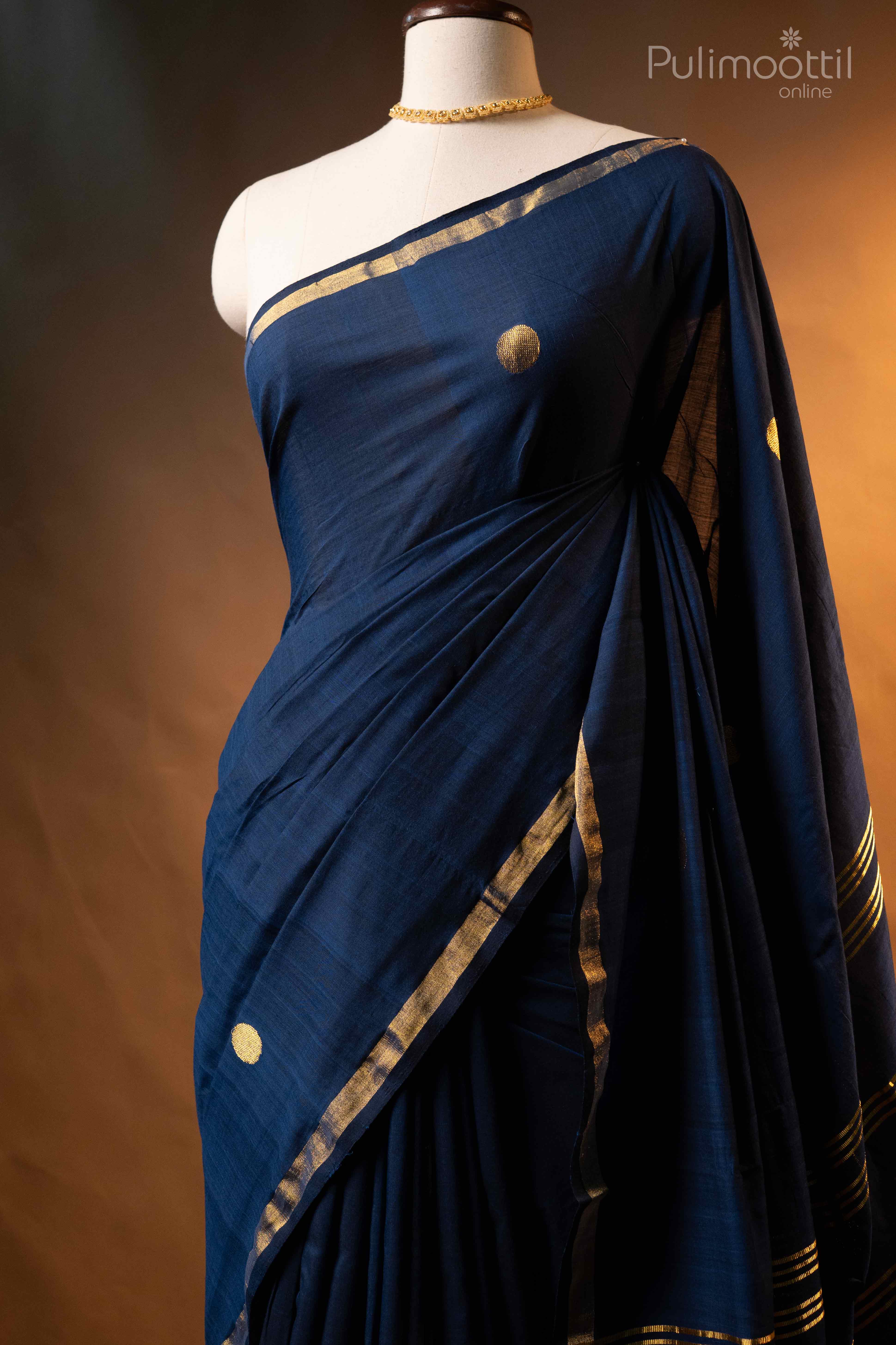 Dark Blue Colour Pure Handloom Saree Cotton Kerala Set Saree