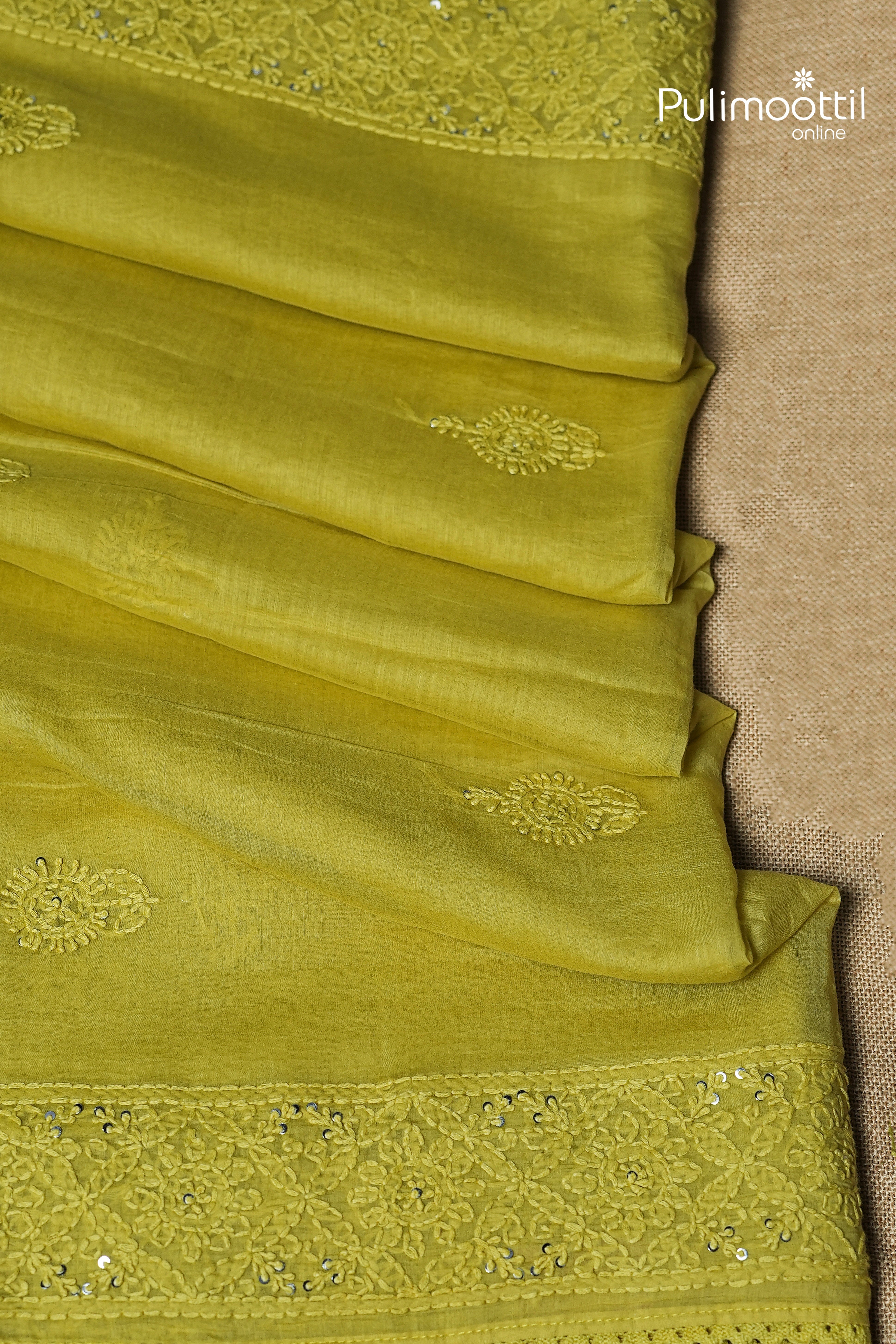 Olive Yellow Colour Chanderi Chikankari Saree