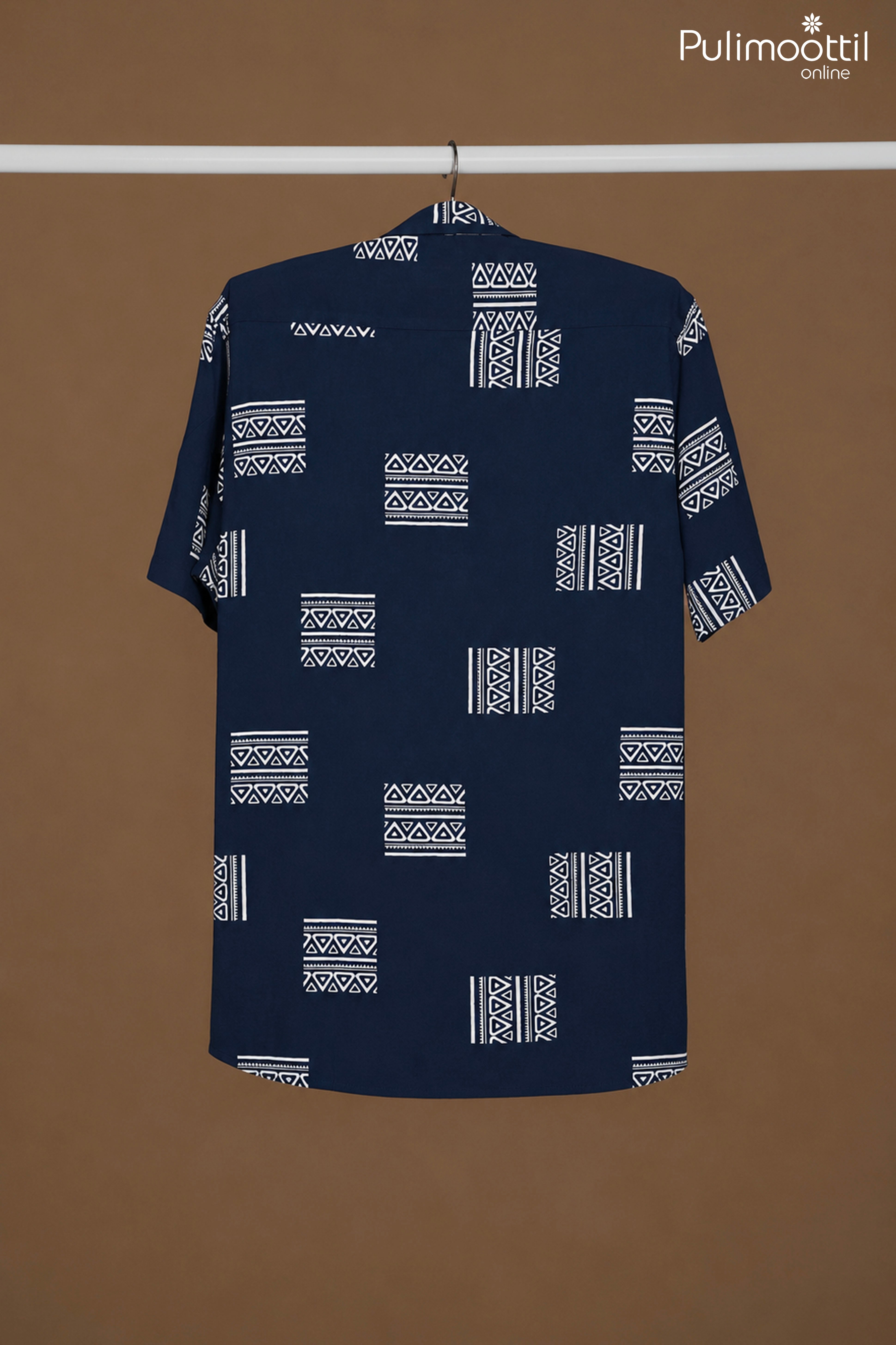 Deep Navy Blue Color Half Sleeve Mens Shirt With Ethnic Geometric Pattern