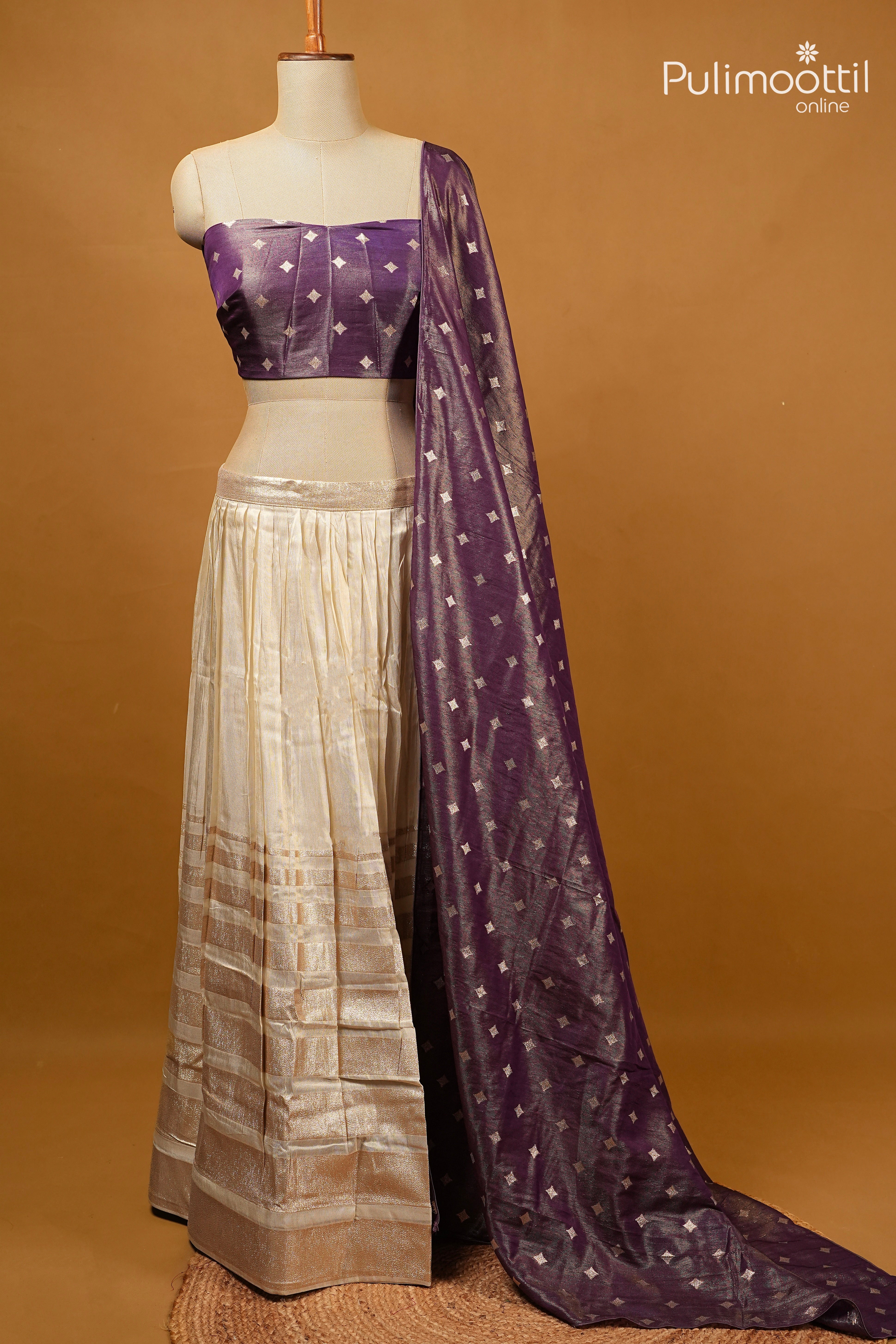 Ready-to-Stitch Offwhite Colour Golden Tissue Dhavani Set