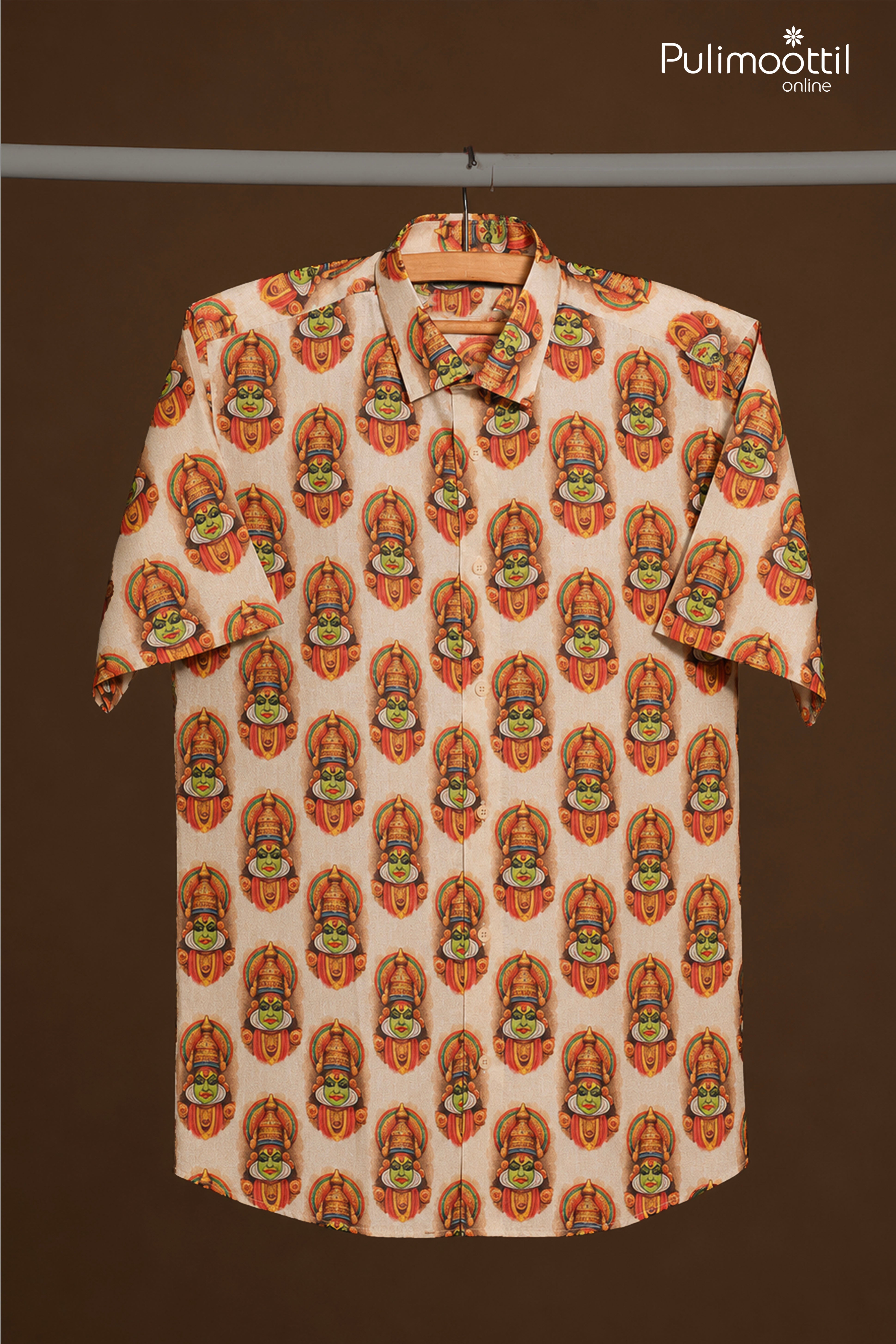Off White Half Sleeve Mens Shirt With Kerala Kathakali Face Print