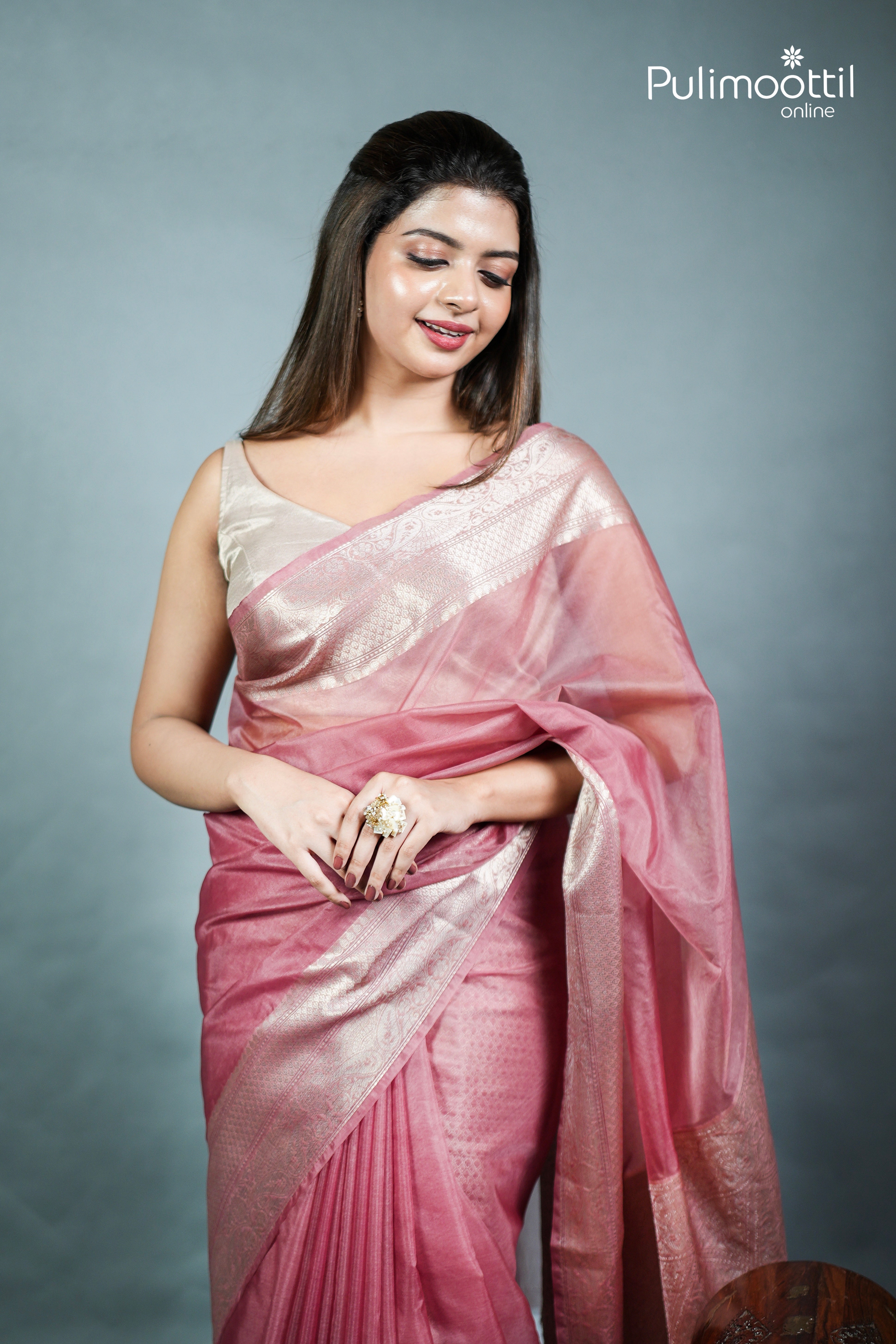 Onion Colour Organza Fancy Saree