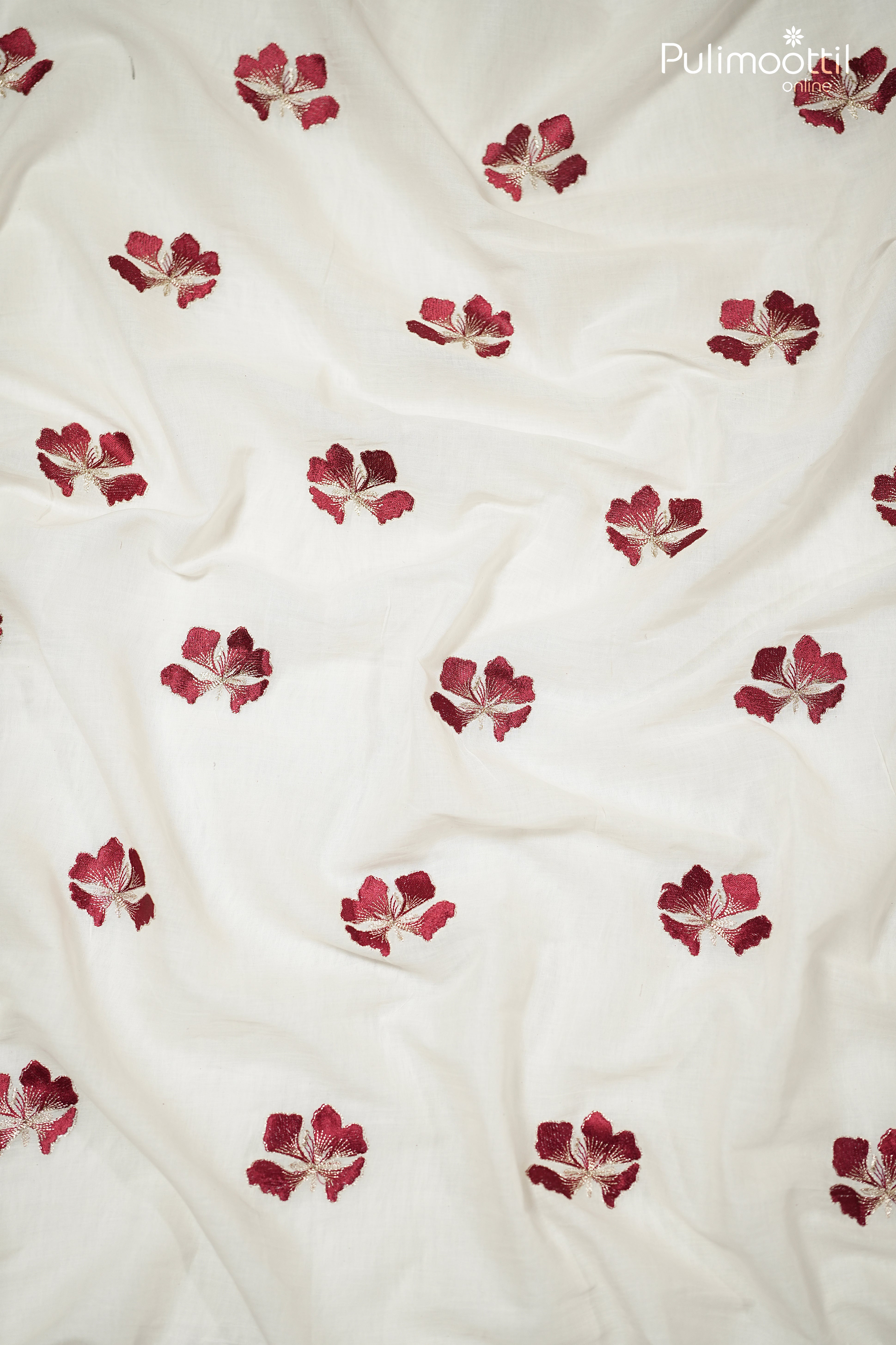 Off-White Color Cotton Fabric With Red Floral Embroidery