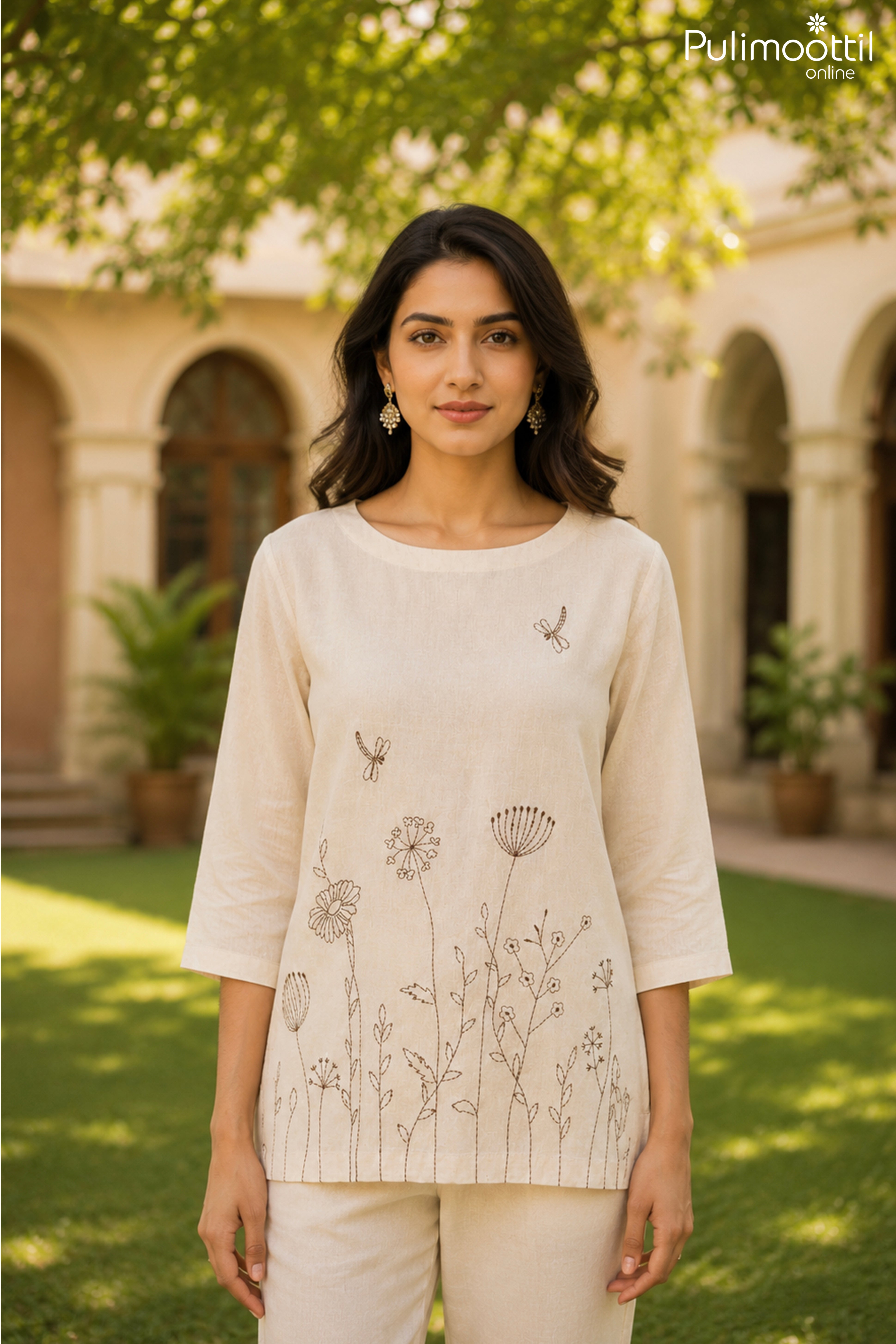 Off White Color Ladies Top Featuring Nature-Inspired Floral Thread Work