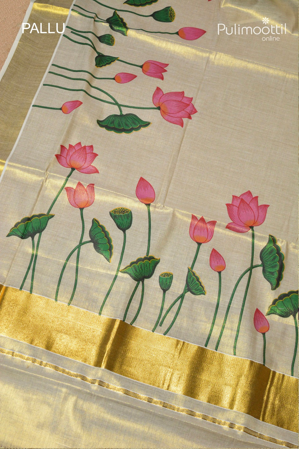 Kerala Traditional Golden Tissue Lotus Printed Set Saree