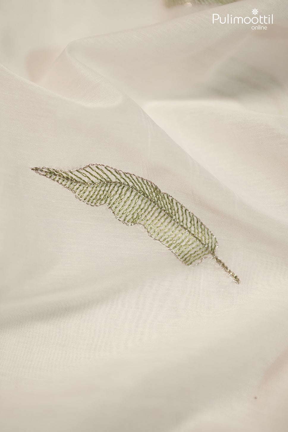 Off-White Semi Chanderi Fabric With Green Leaf Embroidery