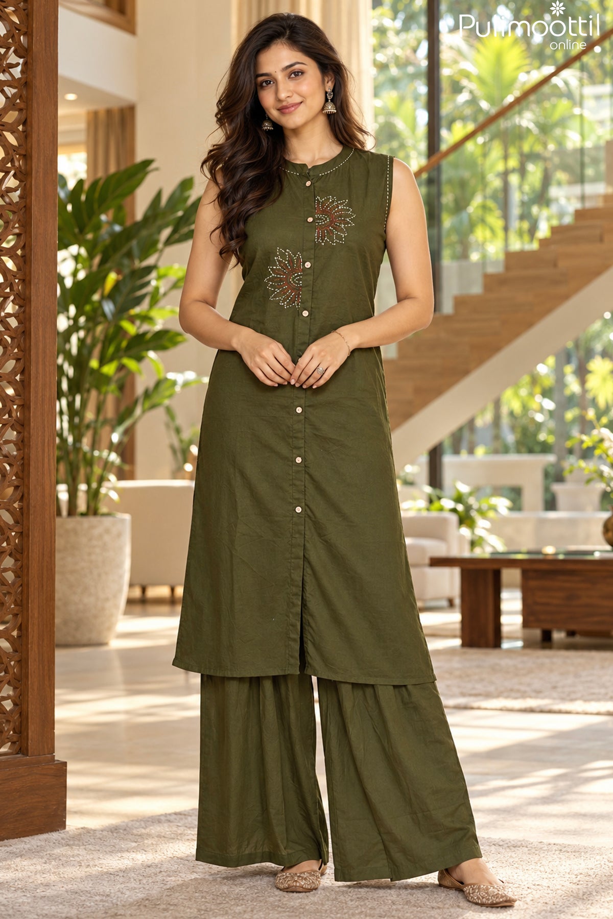 Dark olive Green Colour Cotton Co-ord Set