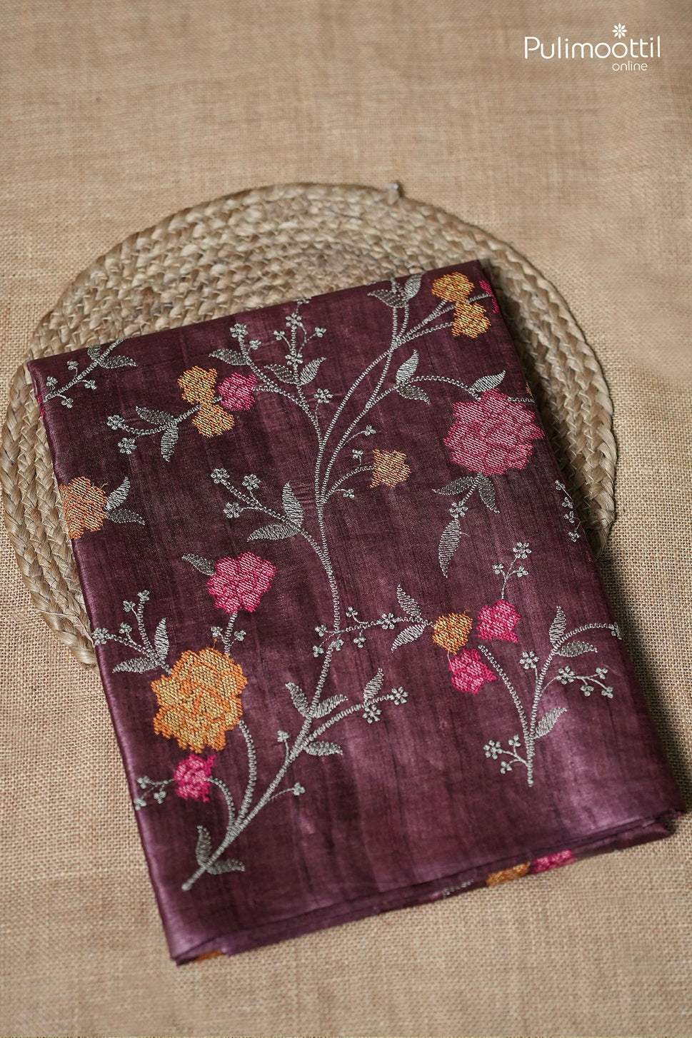 Burgundy Colour Cross Stitch Tussar Silk Saree