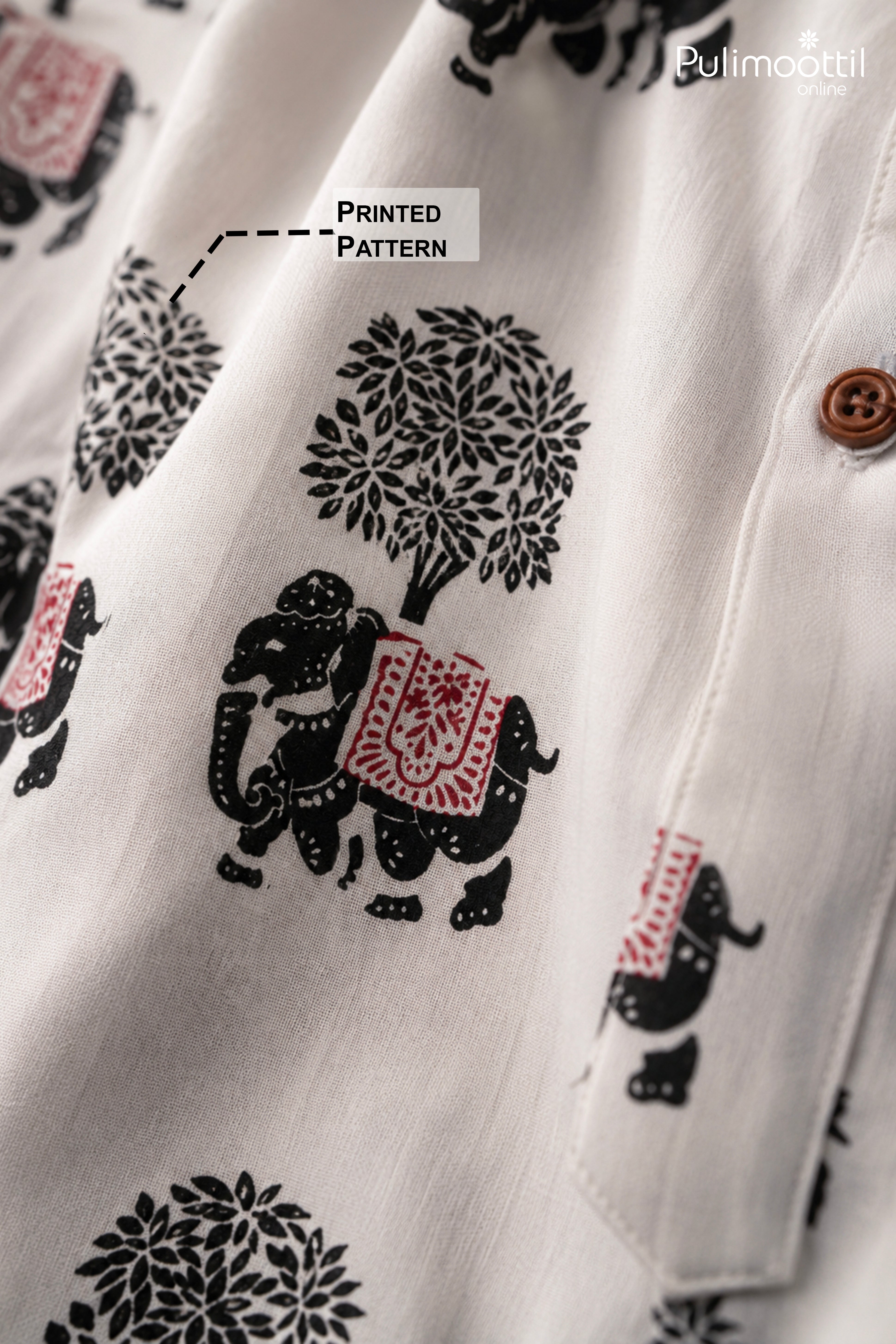 White Color Full Sleeve Mens Kurta With Elephant Motif Print
