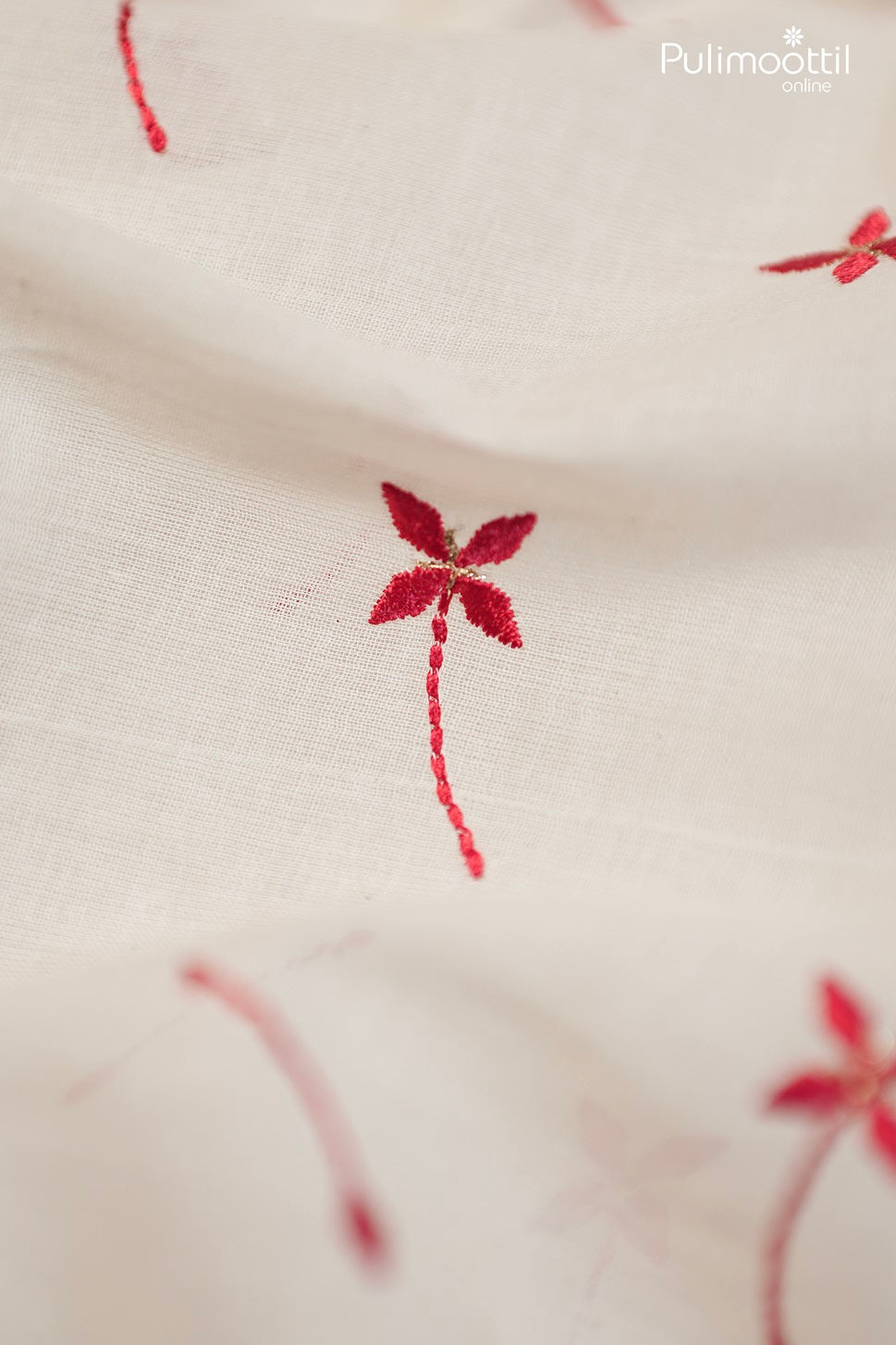 Off-White Color Cotton Fabric With Small Red Floral