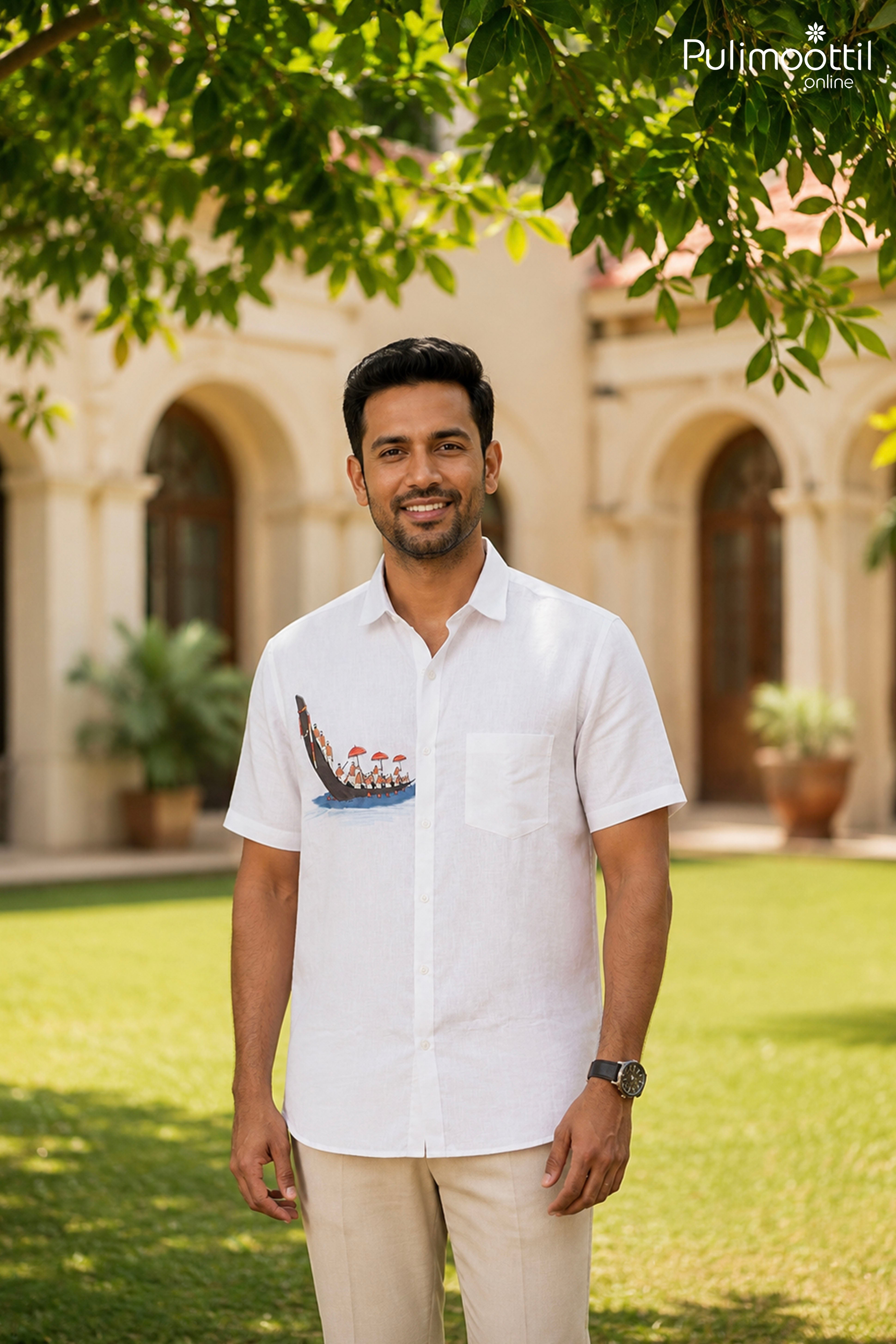 White Color Half Sleeve Mens Shirt With Kerala Traditional Boat Race Print