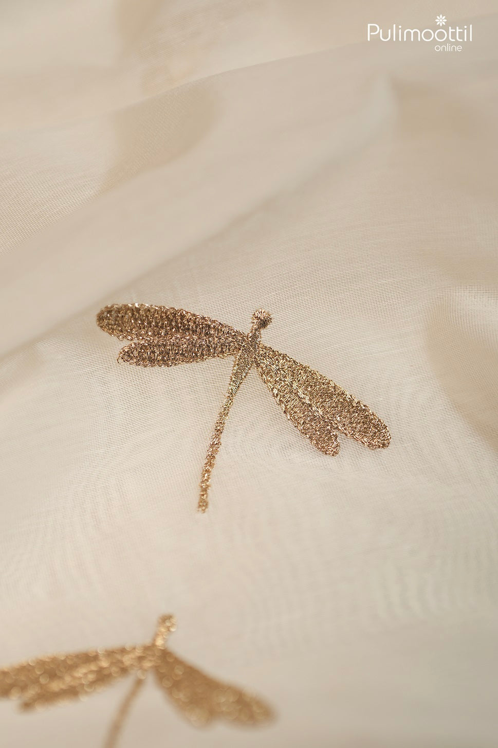 Off-White Semi Chanderi Fabric With Golden Dragonfly Embroidery