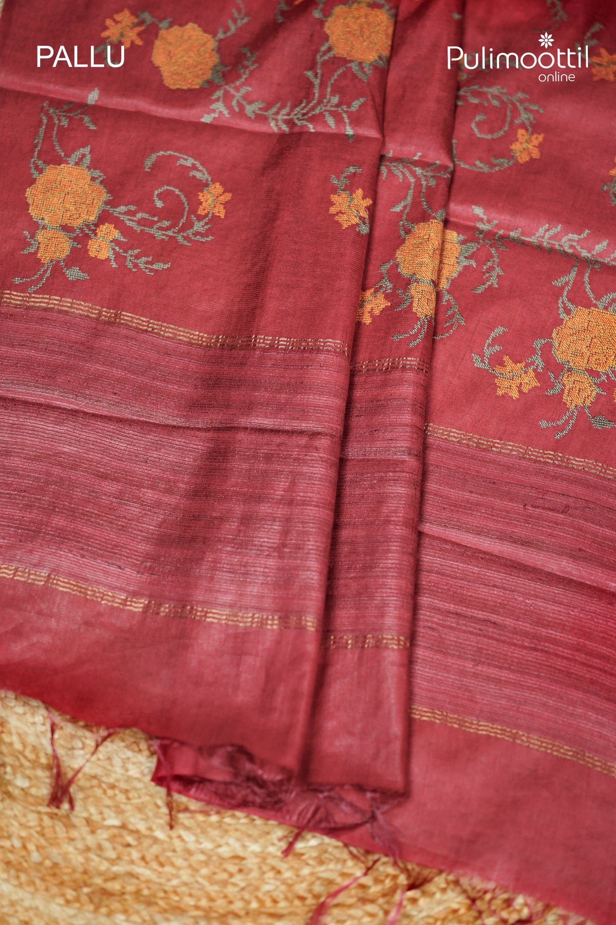 Brick Red Colour Tussar Silk Saree