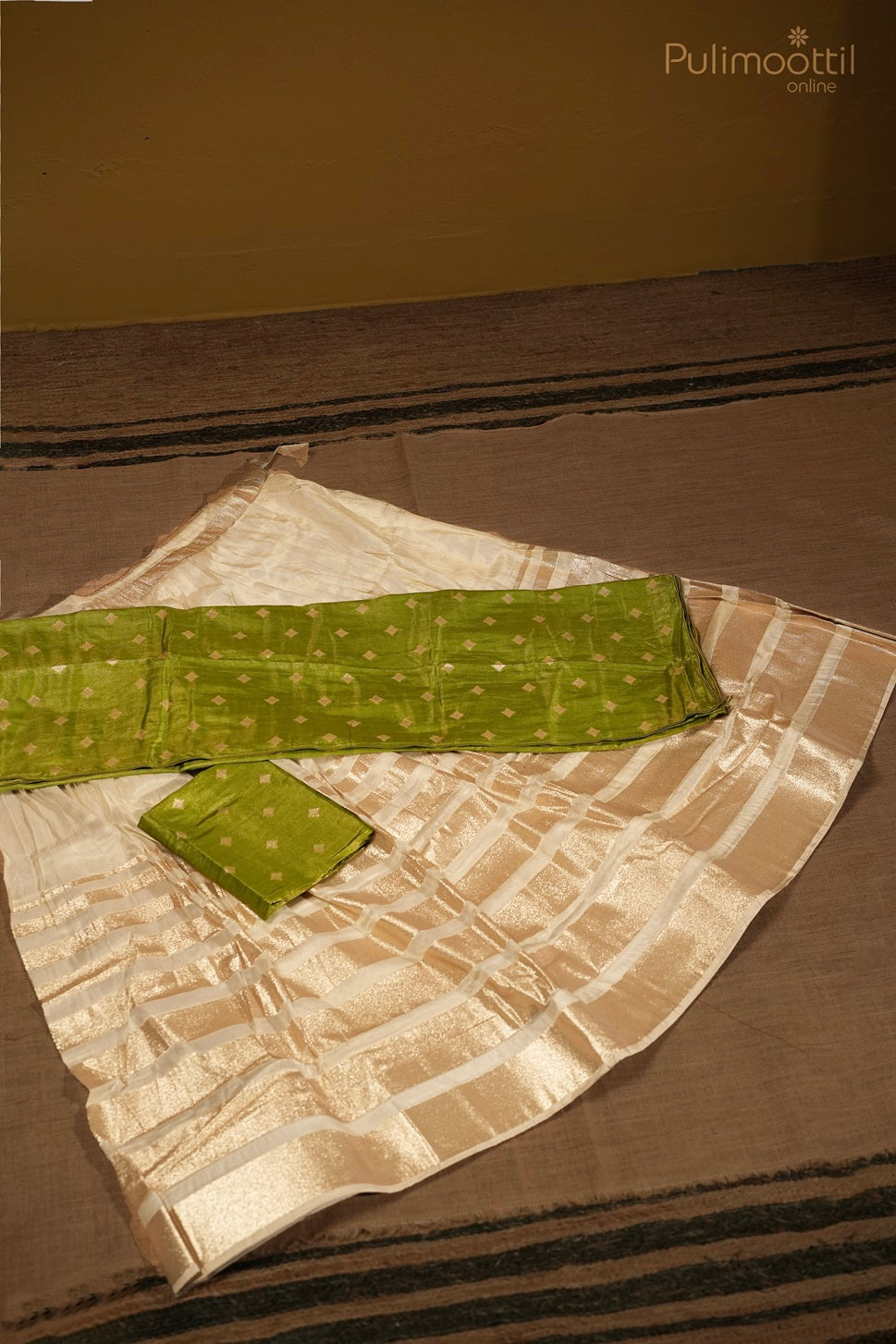 Ready-to-Stitch Off White Color Golden Tissue Dhavani Set