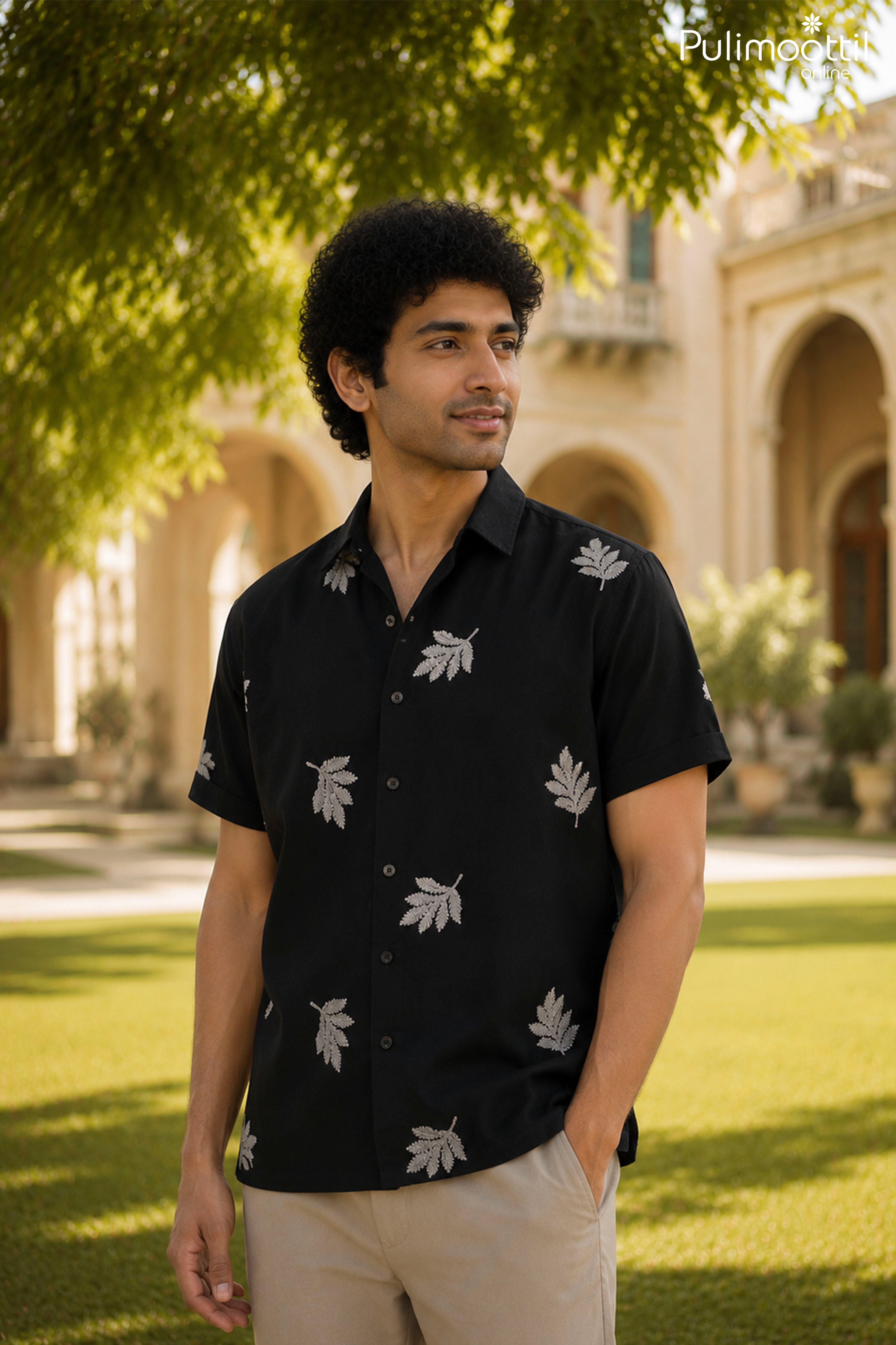 Black White Color Half Sleeve Mens Shirt With Embroidered Leaf Motif
