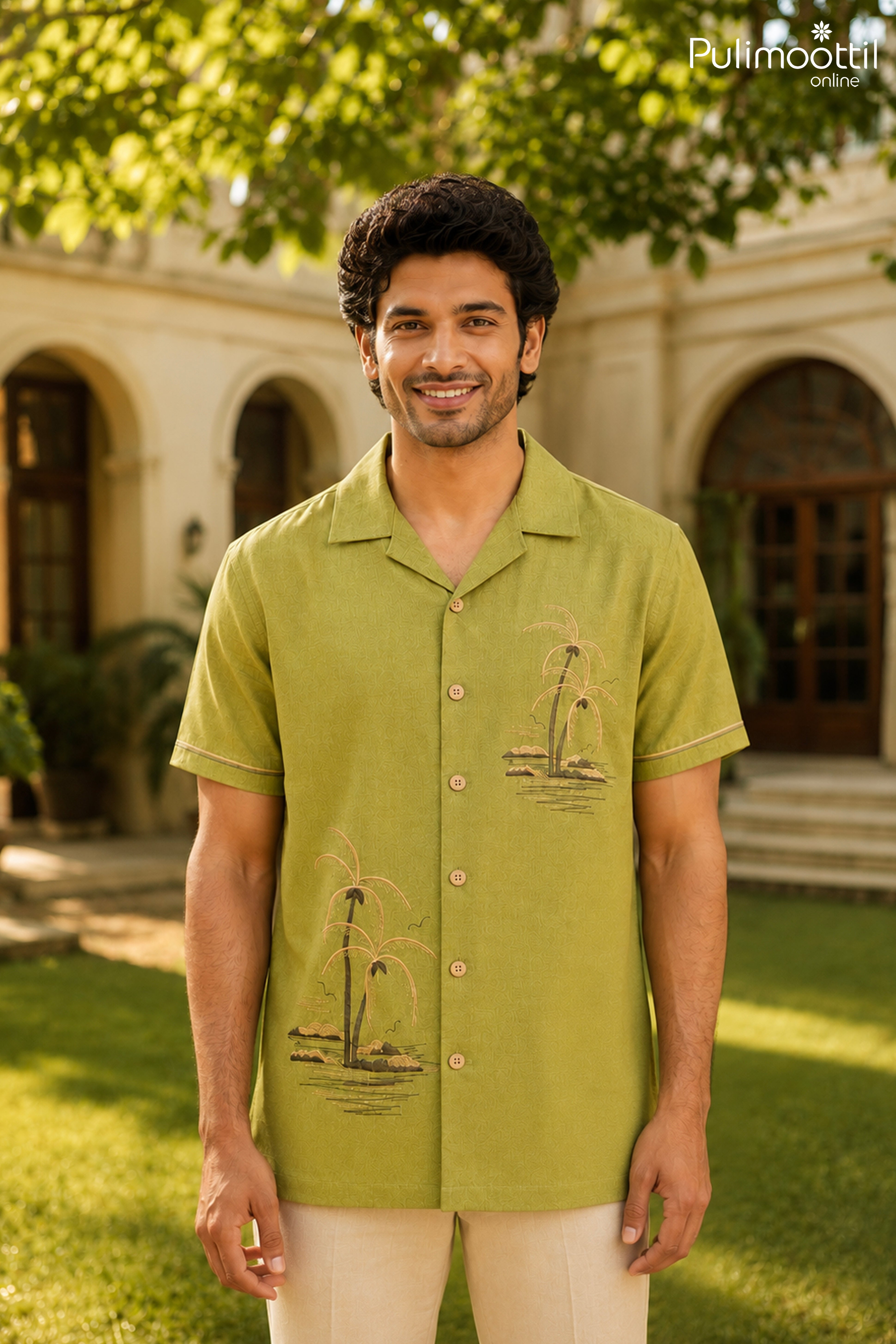 Olive Green Colour Shirt Featuring Kerala-inspired Coconut Tree
