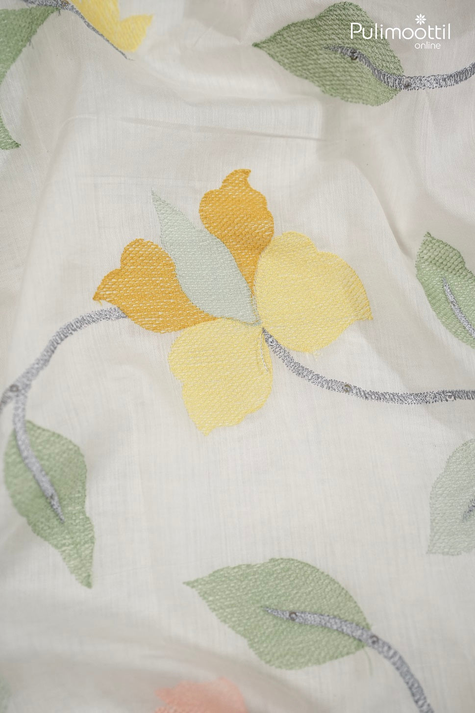 White Chanderi Fabric with Multicolor Floral Thread Embroidery
