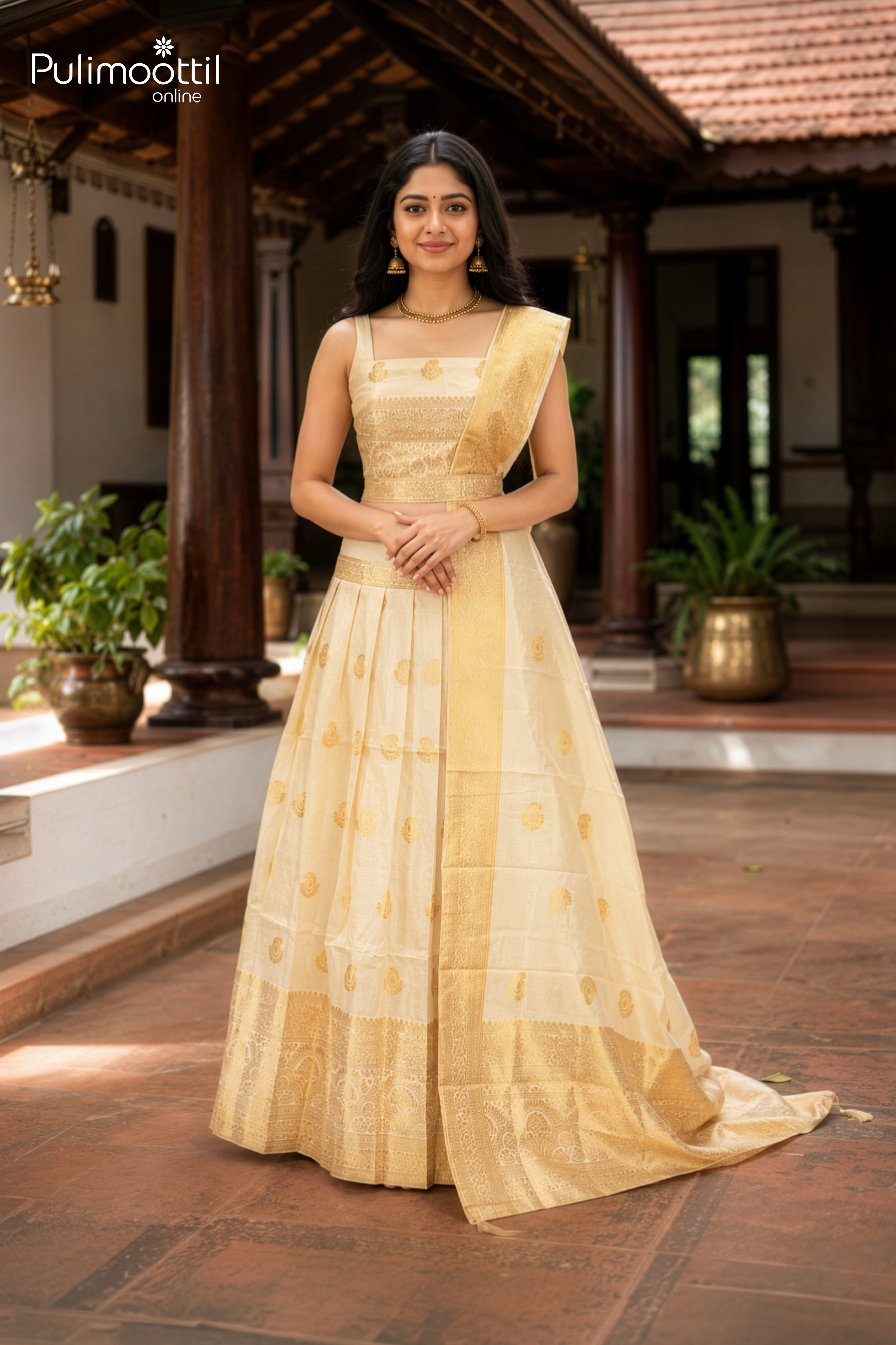 Traditional Golden Tissue Onam Special Dhavani Set