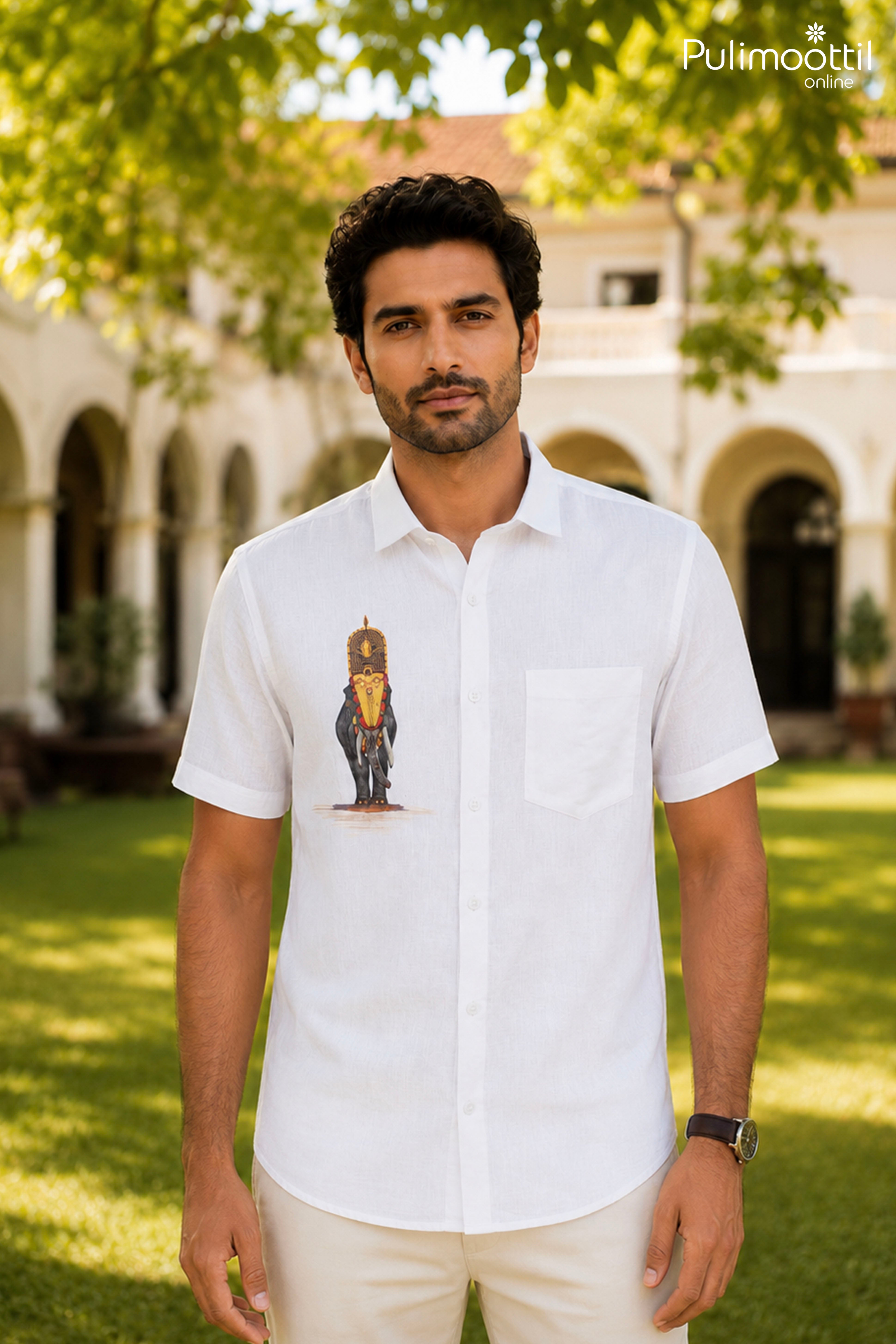 White Color Half Sleeve Mens Shirt With Traditional Kerala Temple Elephant Motif