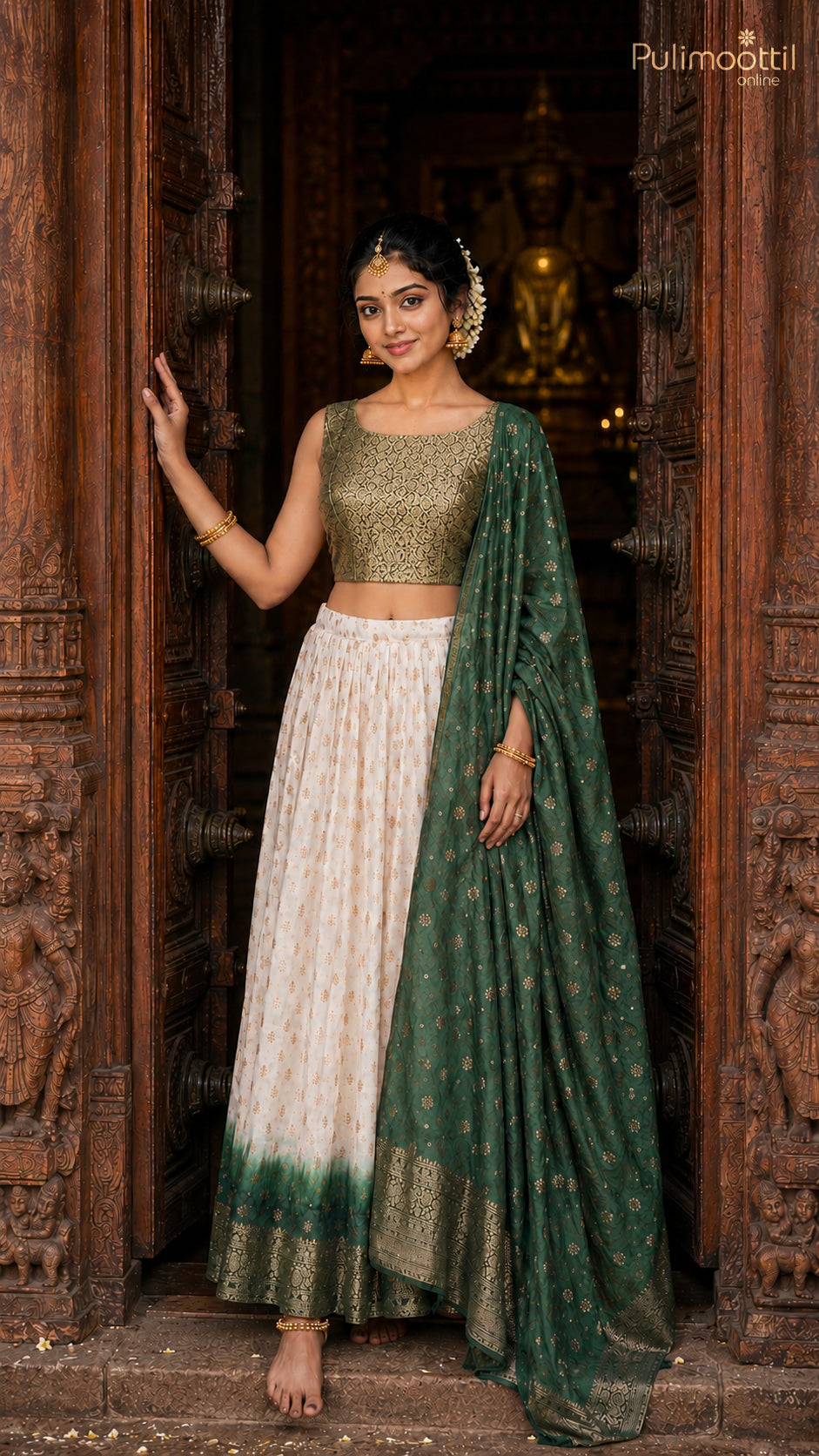 Ready-to-Stitch White Color Semi Silk Banarasi Dhavani Set