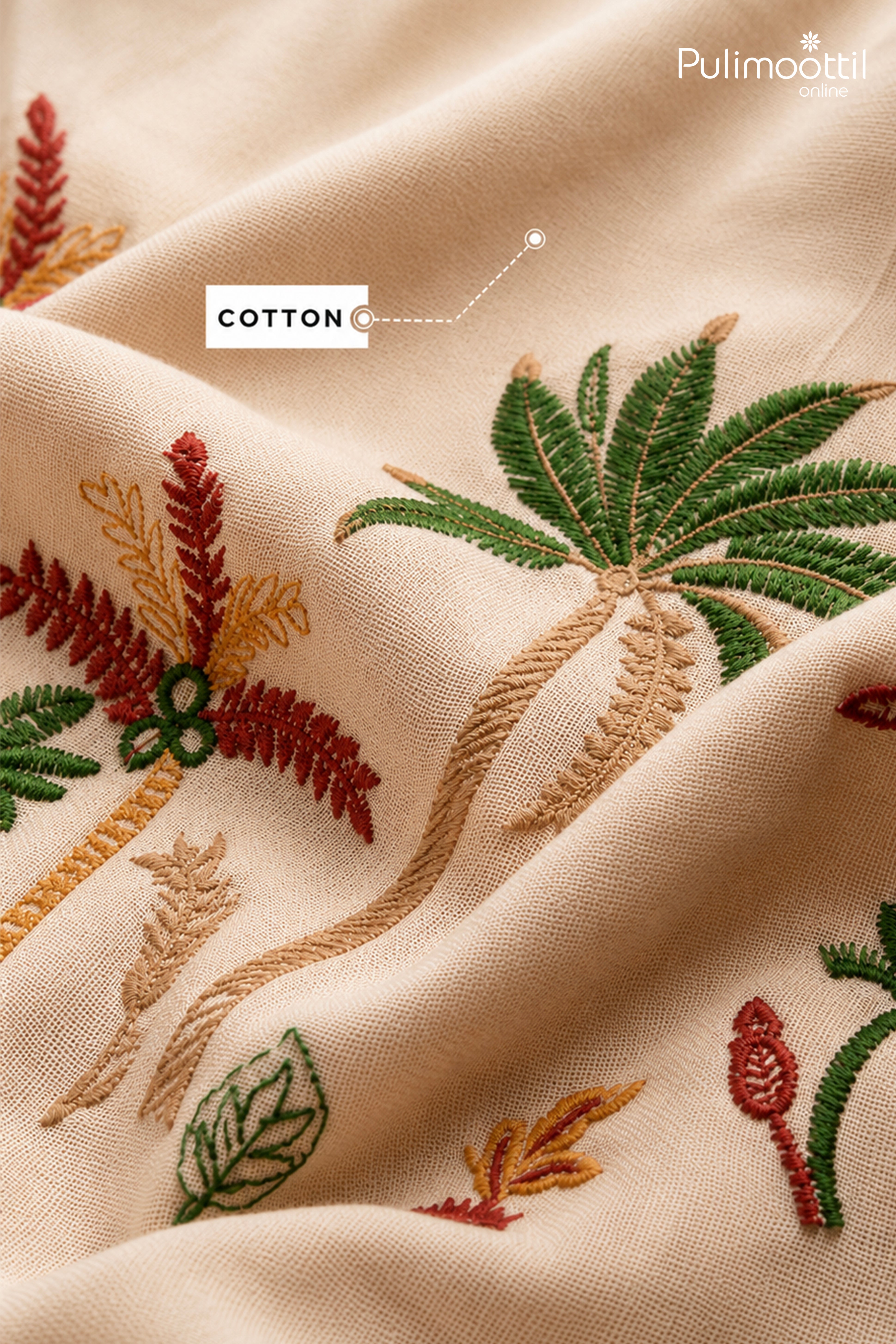 Off White Colour Cotton Shirt Featuring Coconut Tree & Floral Thread Embroidery