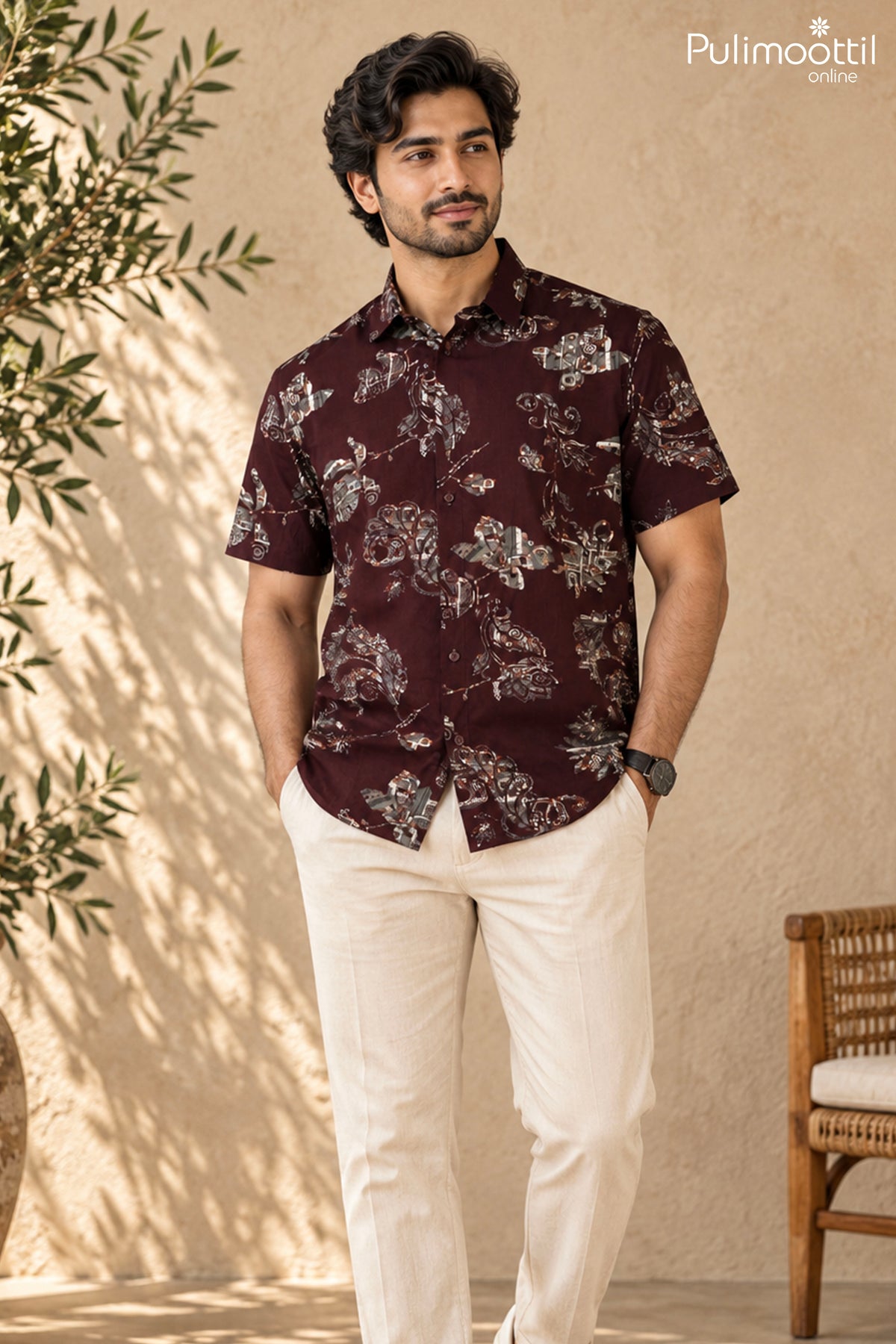 Deep Wine Color Half Sleeve Mens Shirt