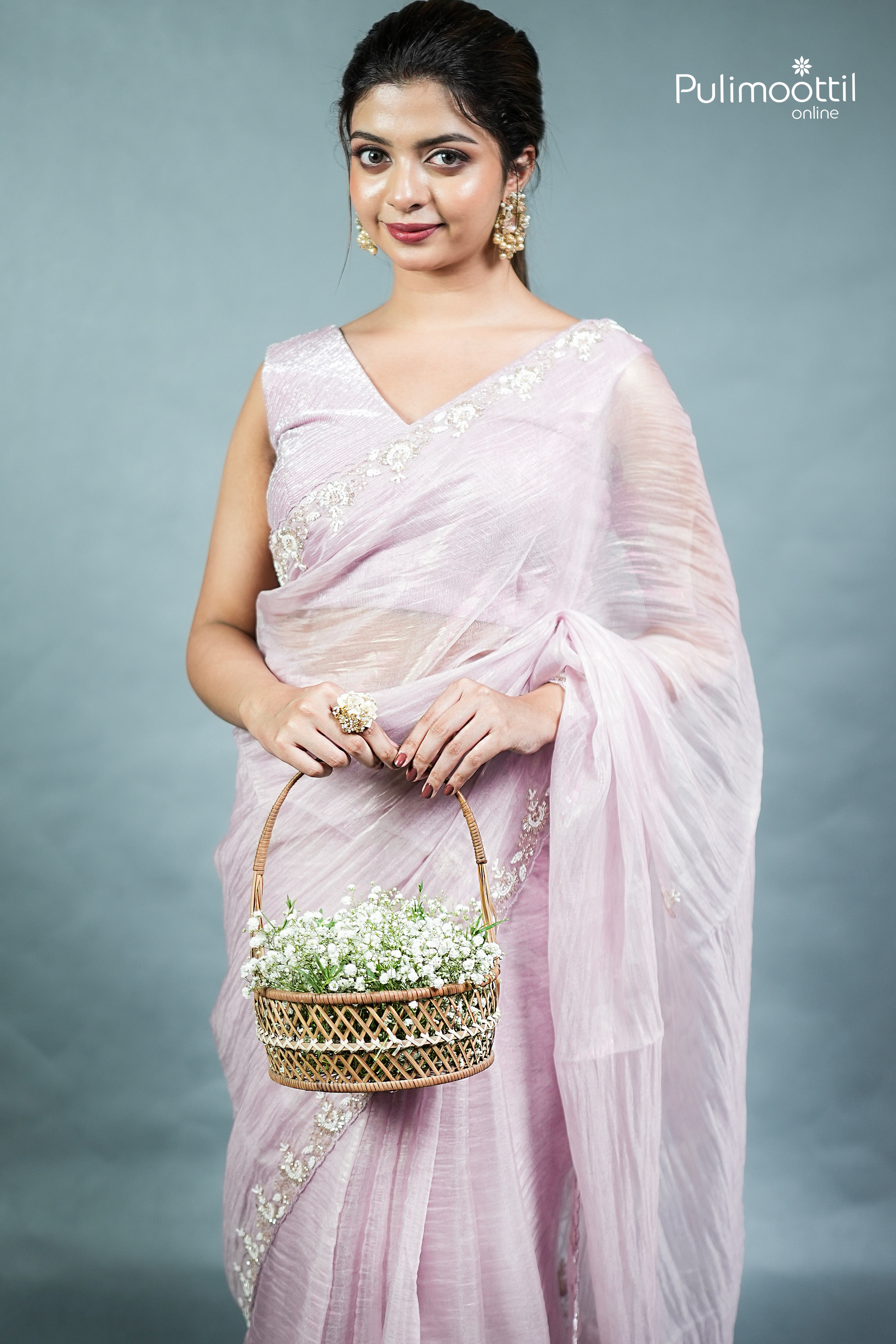 Pastel Lavender Colour Shimmer Crushed Organza Fancy Saree