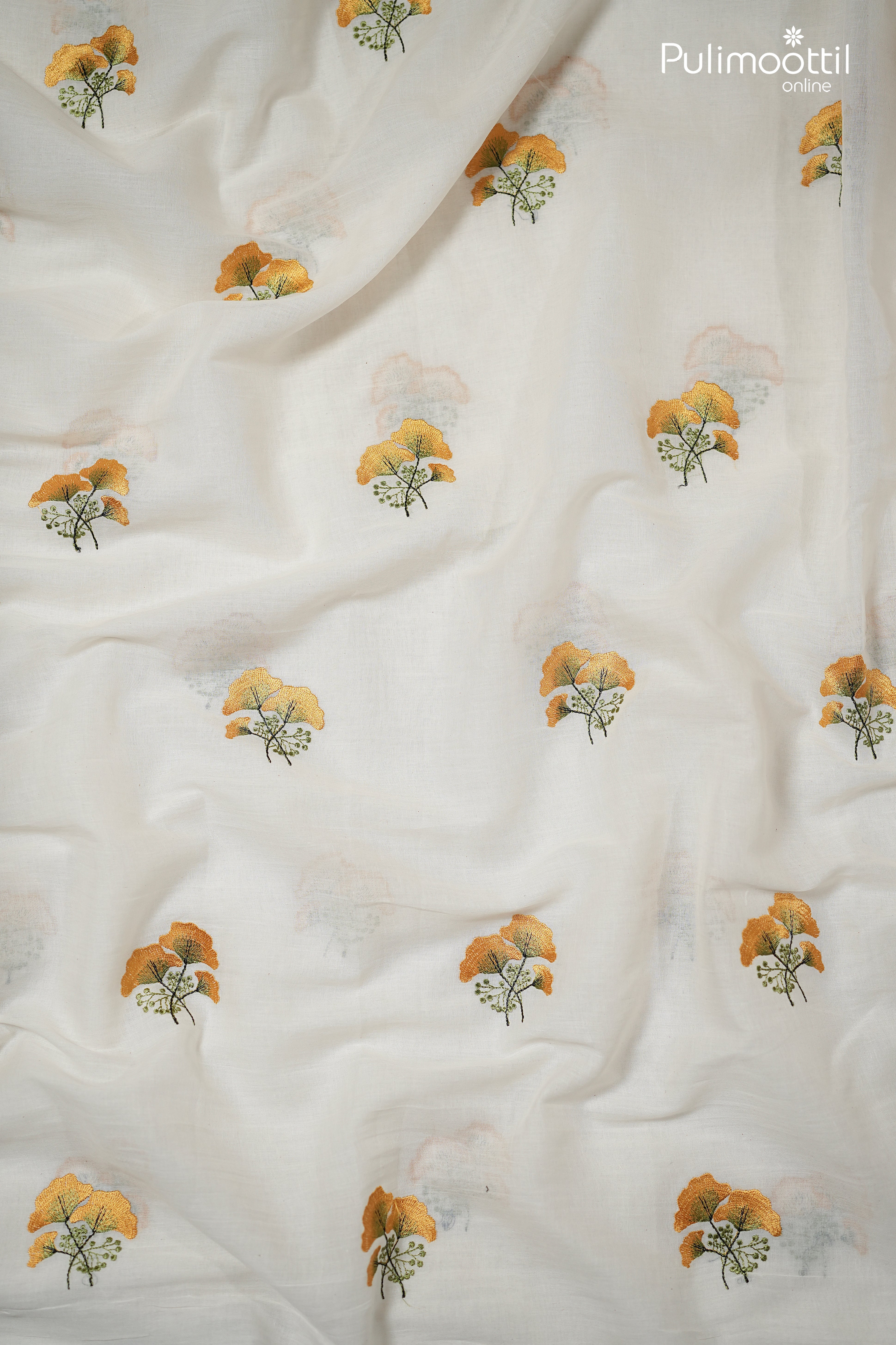 Off-White Color Semi Chanderi Fabric With Yellow Floral Embroidery