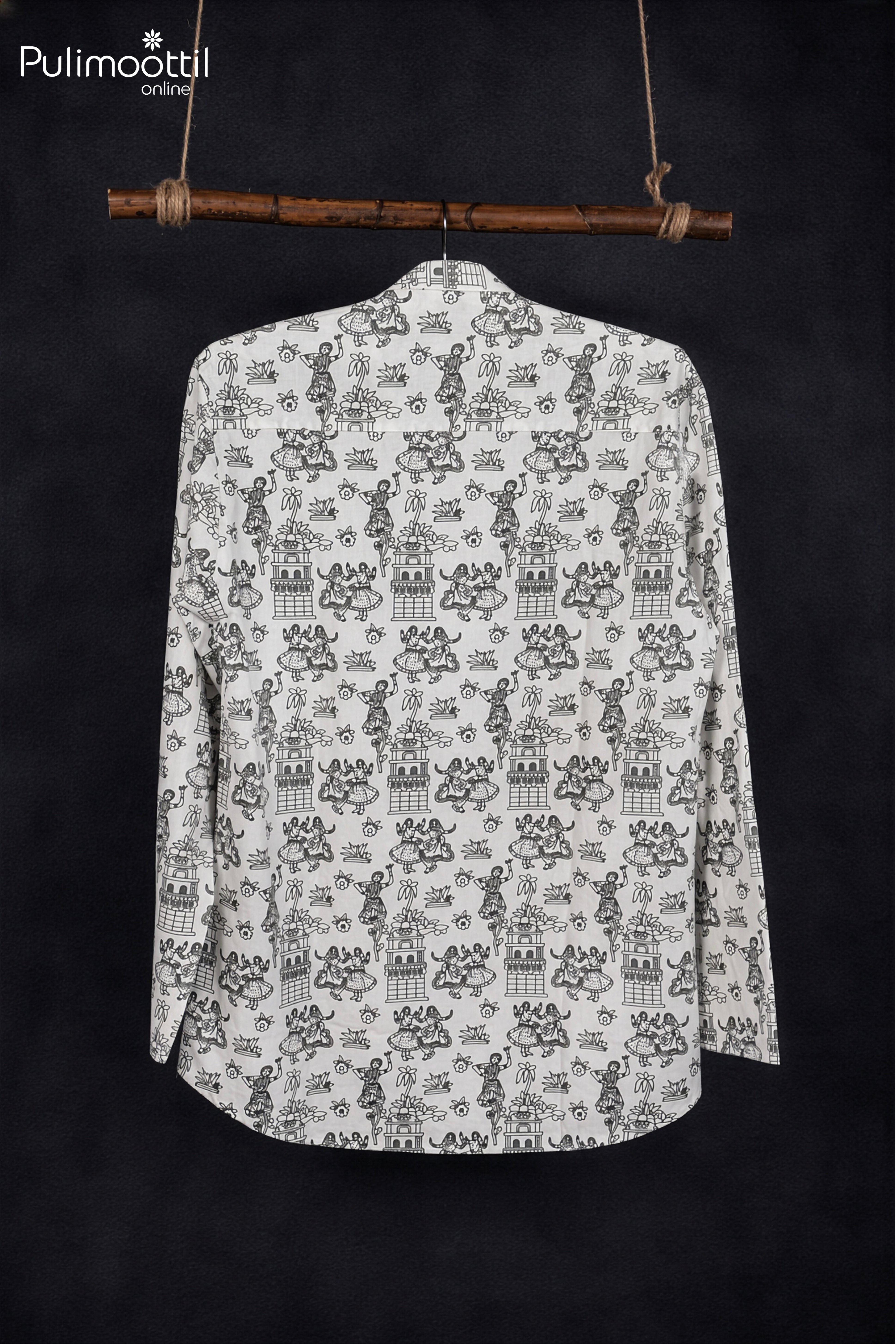 White Color Full Sleeve Mens Kurta With Indian Folk Art Print