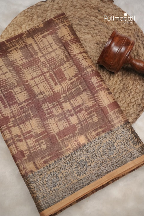 Semi Tussar Silk Saree With Stroke Pattern In Earthy Chocolate Brown And Beige Tones.