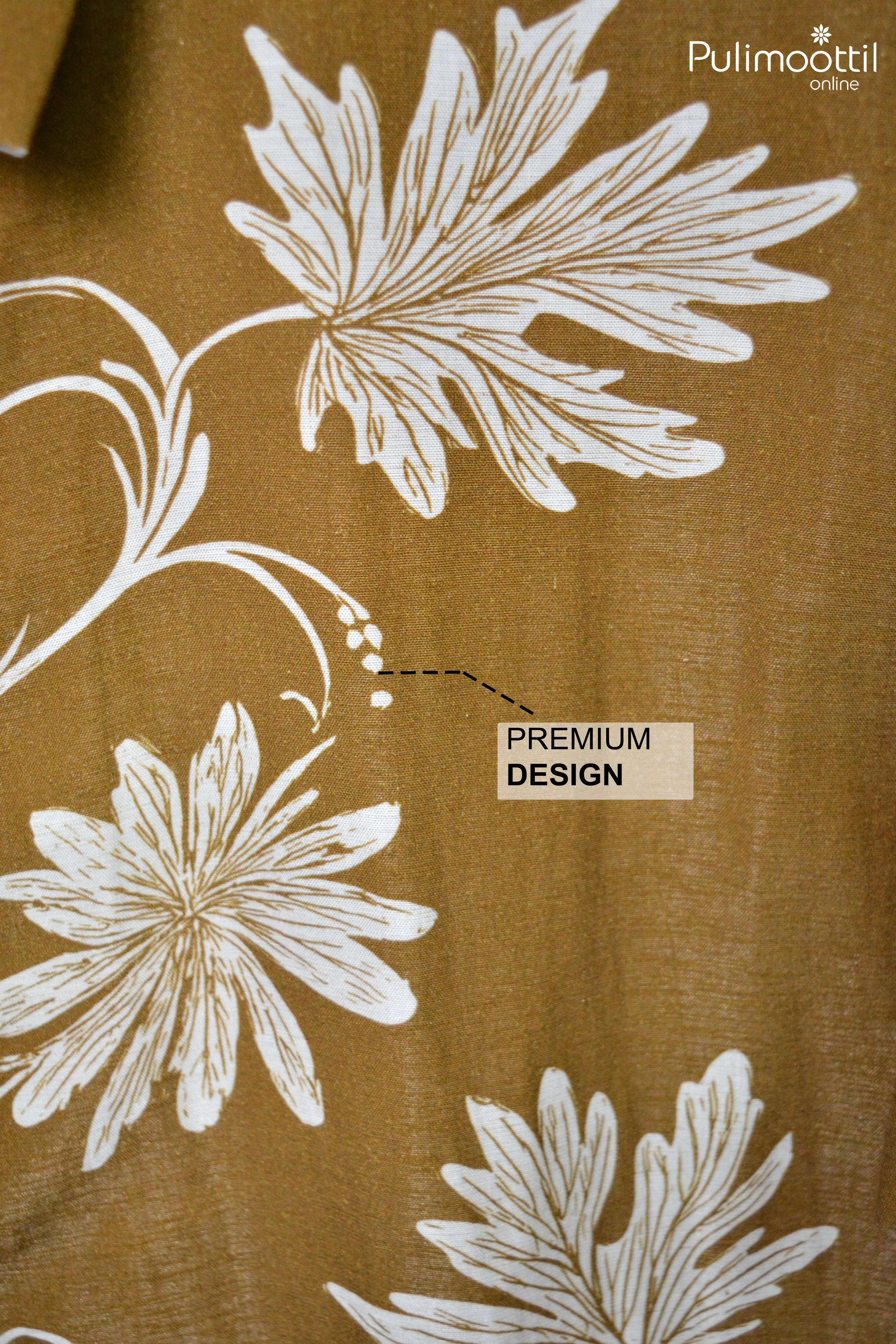Mustard Brown Fabric Featuring White Botanical Floral Prints