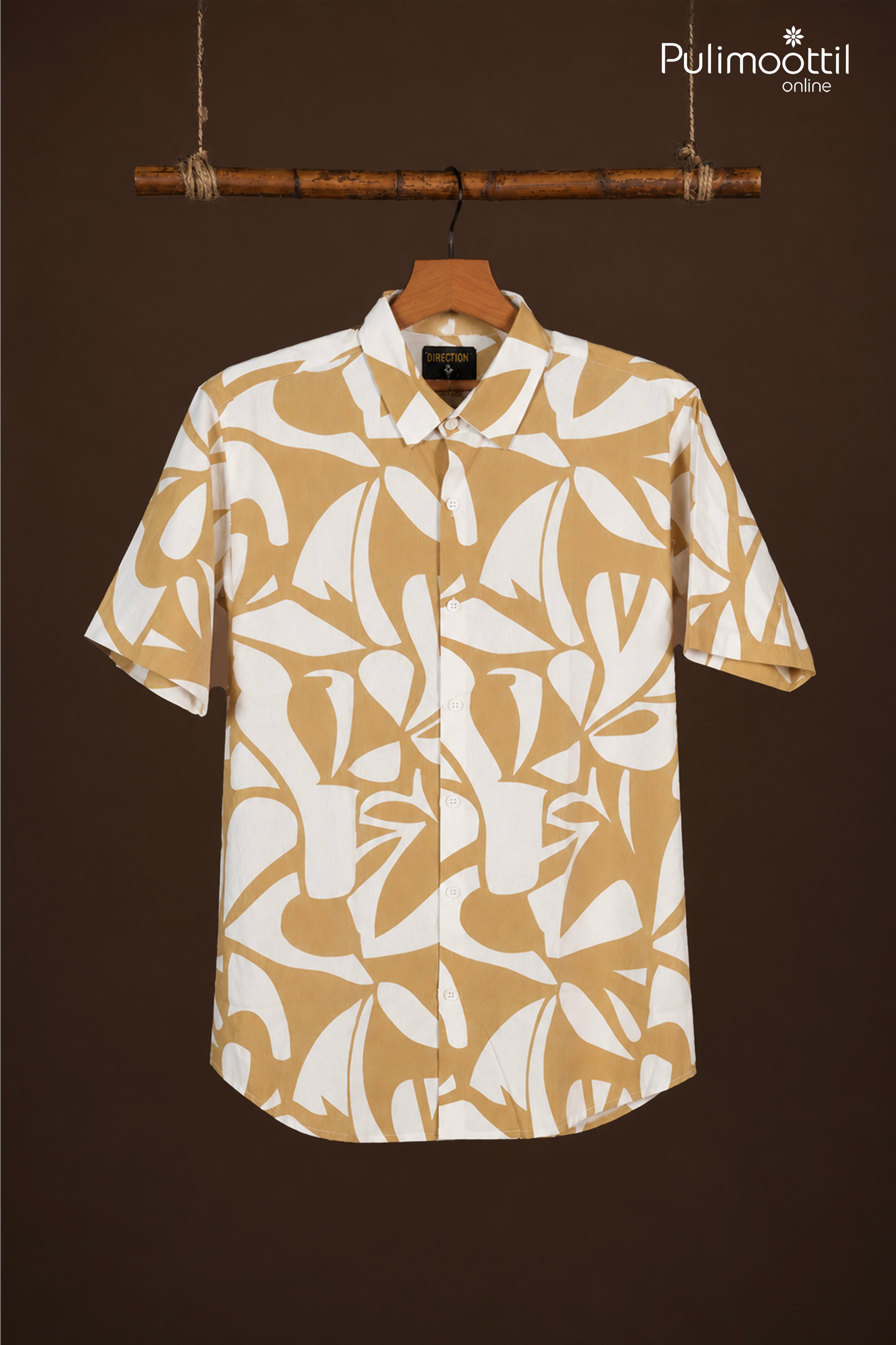 Honey Mustard Color Half Sleeve Mens Shirt With Abstract Floral Print