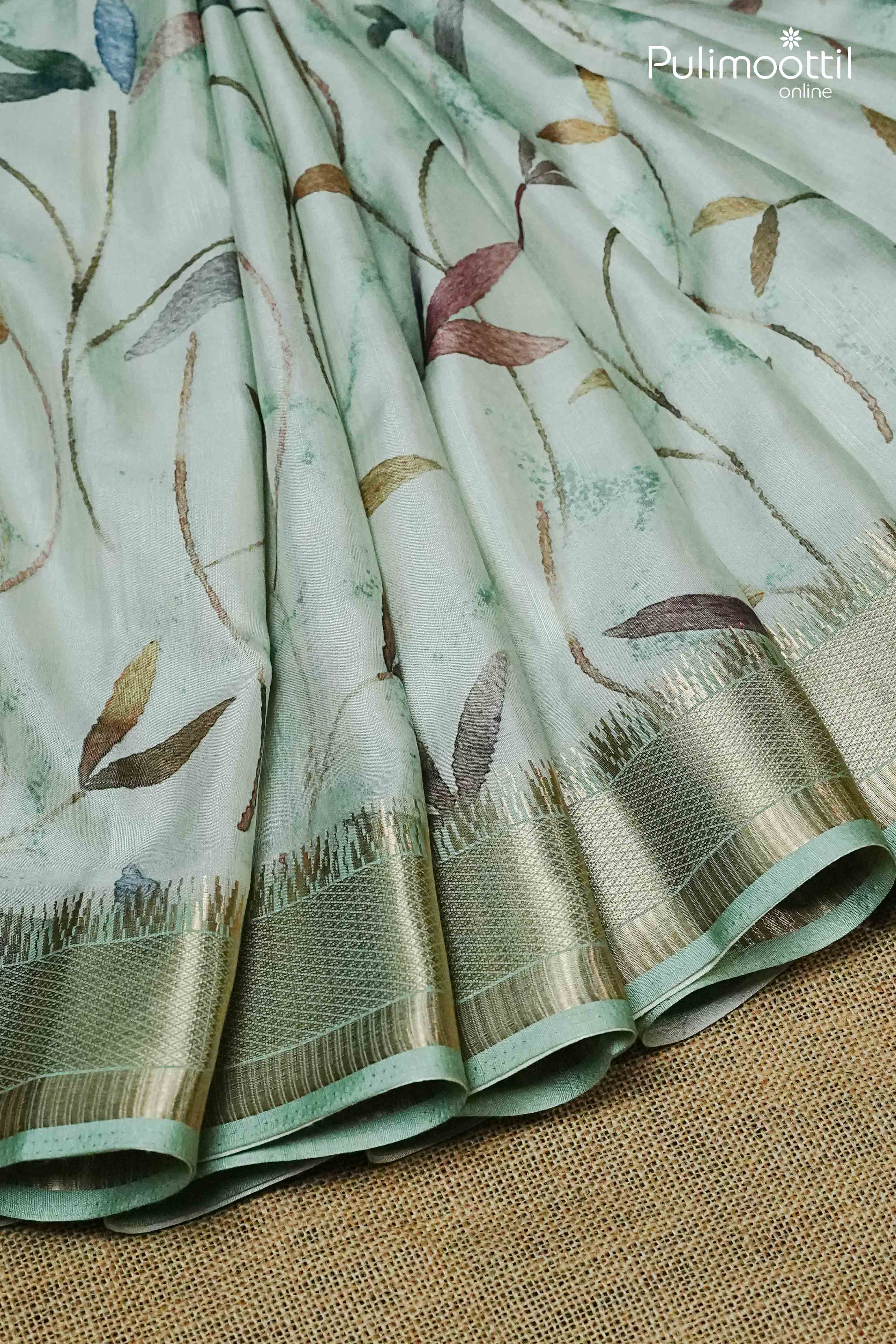 Pastel Green Colour Printed Semi Chanderi Saree