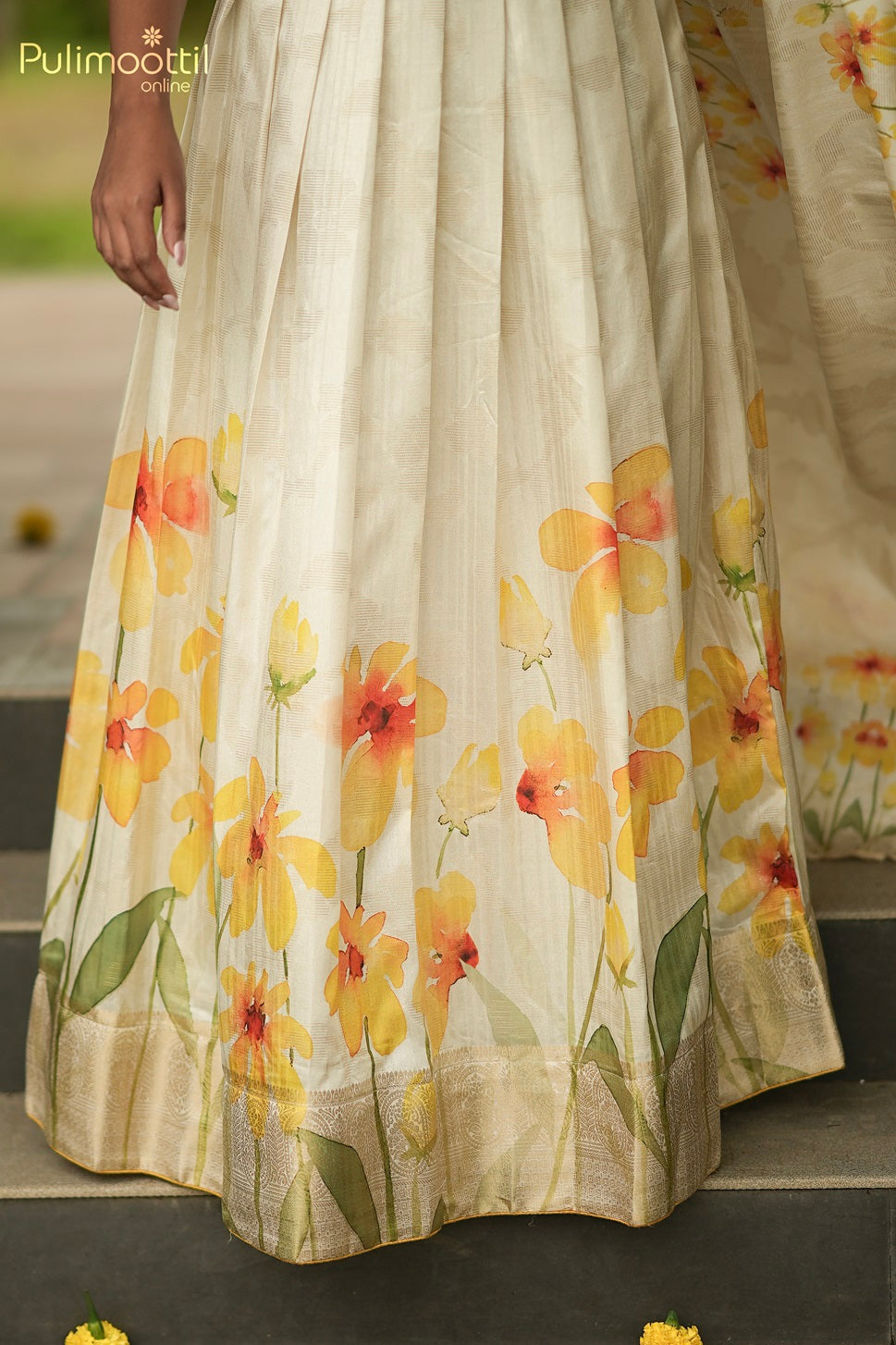 Onam Special Kerala Traditional Bright Cream Chanderi Silk Dhavani Set