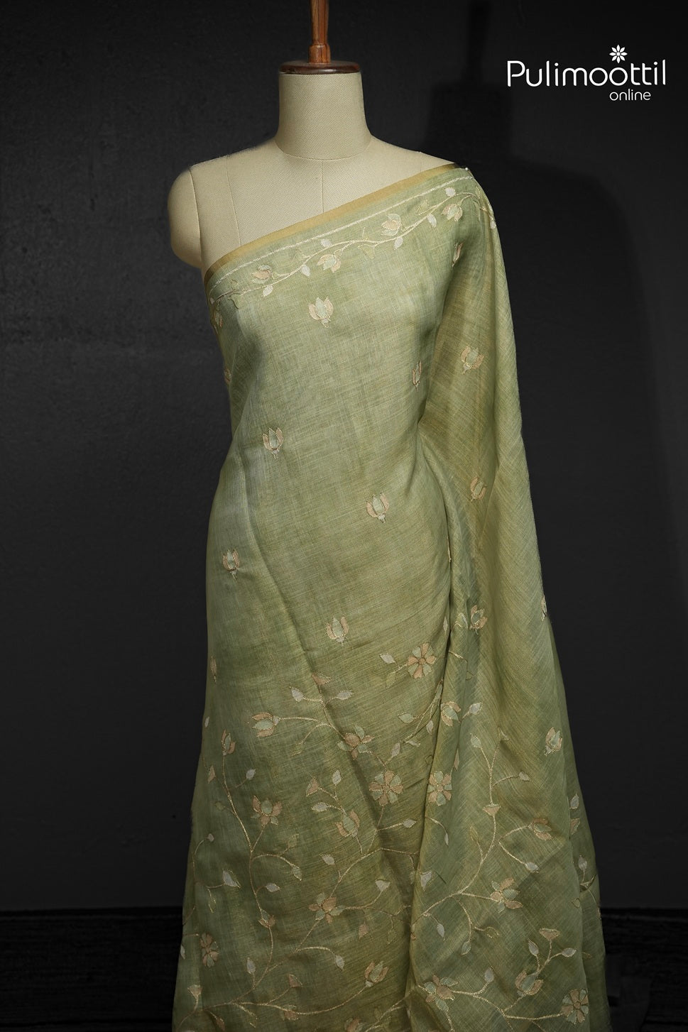 Light Olive Green Colour Linen Tissue Saree