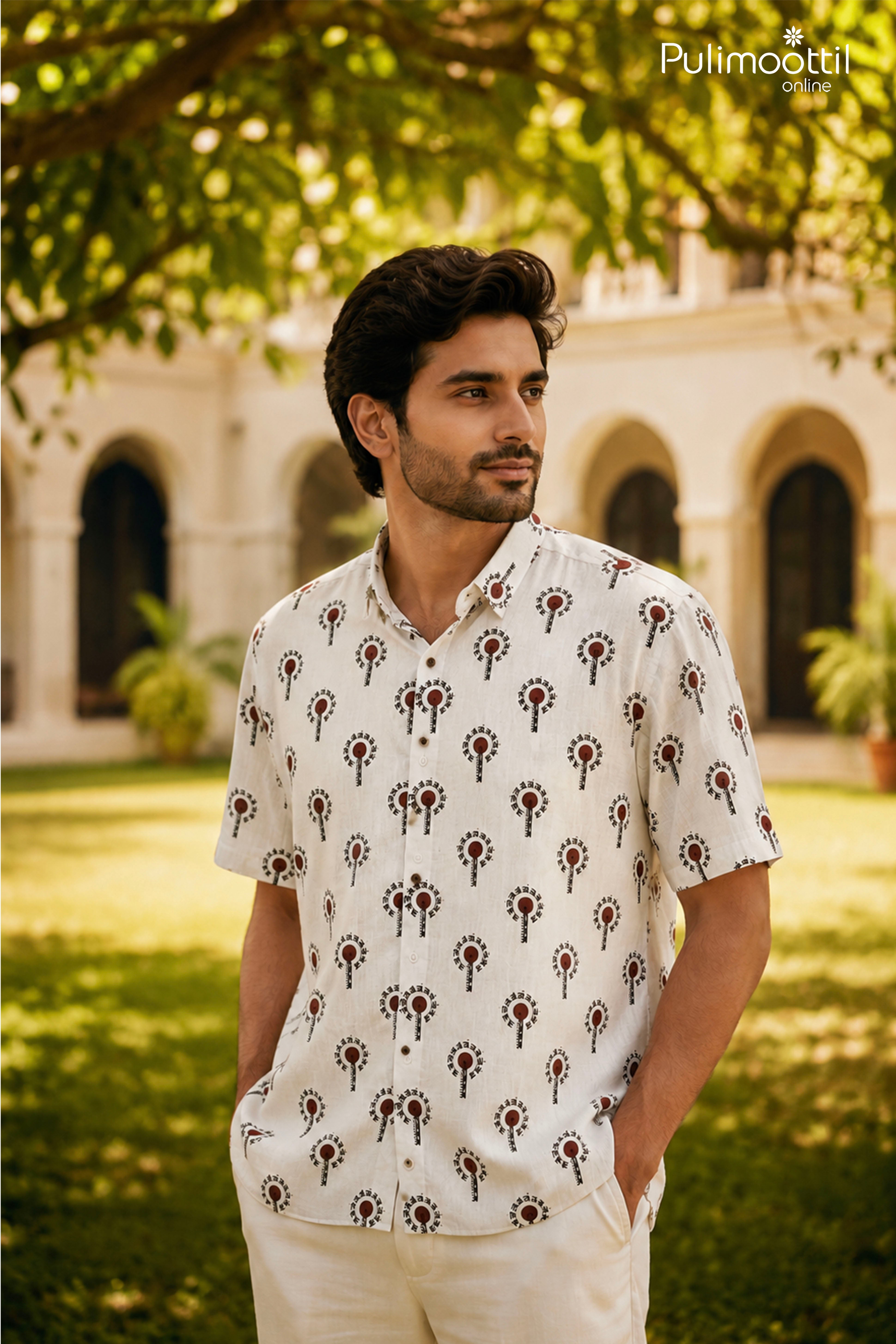 White Half Sleeve Mens Shirt With Sanskrit Circular Print