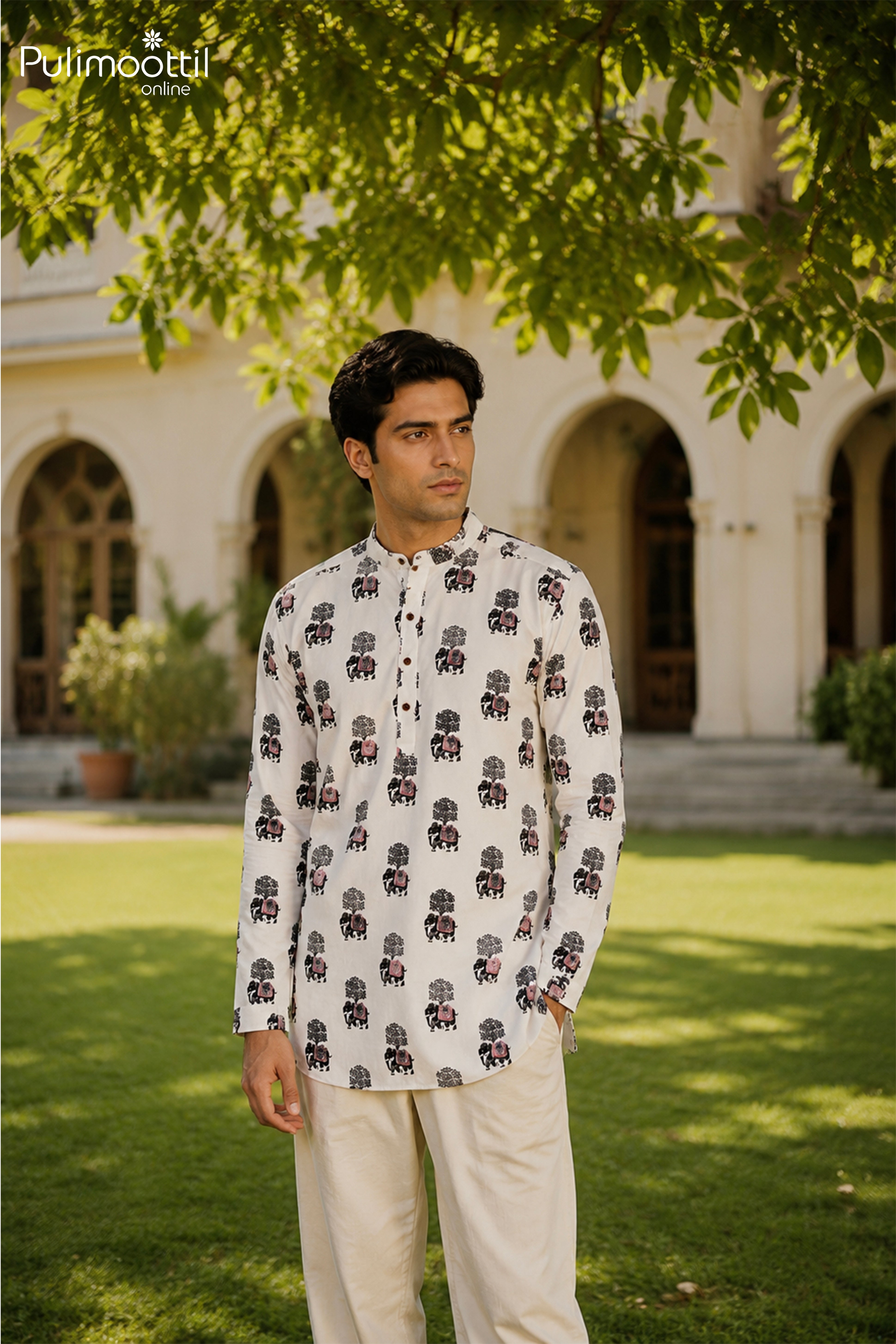 White Color Full Sleeve Mens Kurta With Elephant Motif Print